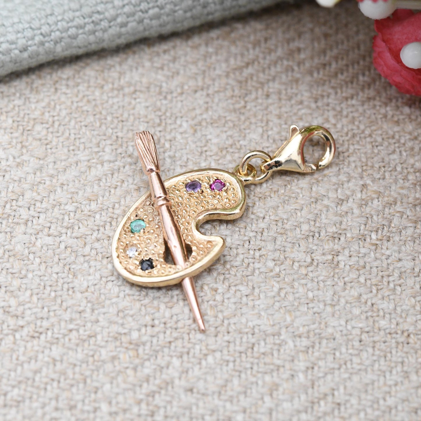 Vintage 9ct Gold Paint Palette Charm Pendant 1991 Gemstones - Diamond Ruby Emerald | Gift for Artist Art Lover Yellow Rose Gold Paintbrush