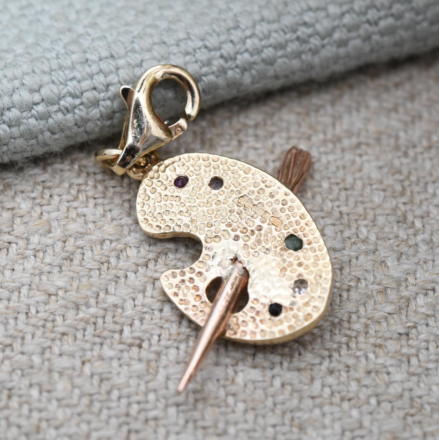 Vintage 9ct Gold Paint Palette Charm Pendant 1991 Gemstones - Diamond Ruby Emerald | Gift for Artist Art Lover Yellow Rose Gold Paintbrush