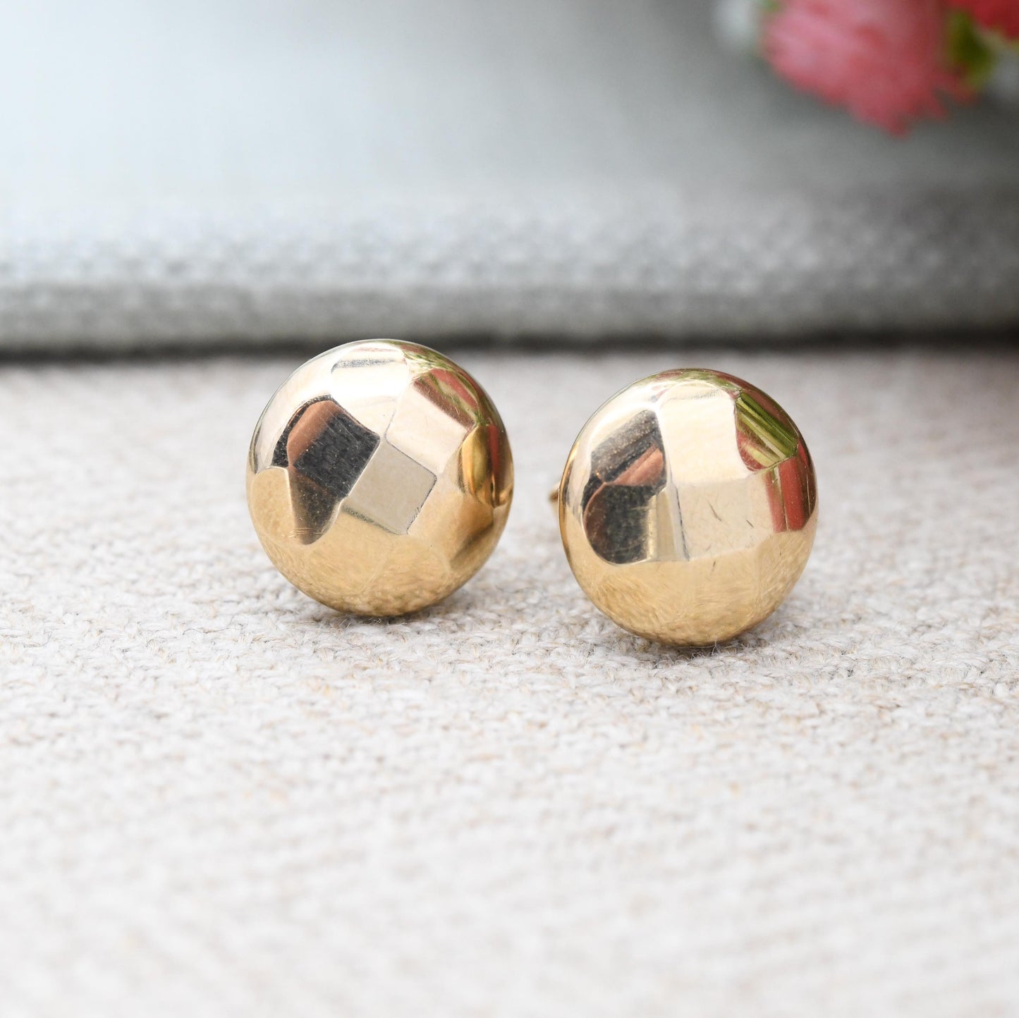Vintage 9ct Gold Faceted Circle Stud Earrings c. 1960s 1970s - Mid-Century Large Round Yellow Gold Studs | Gift for Her | Butterfly Backs