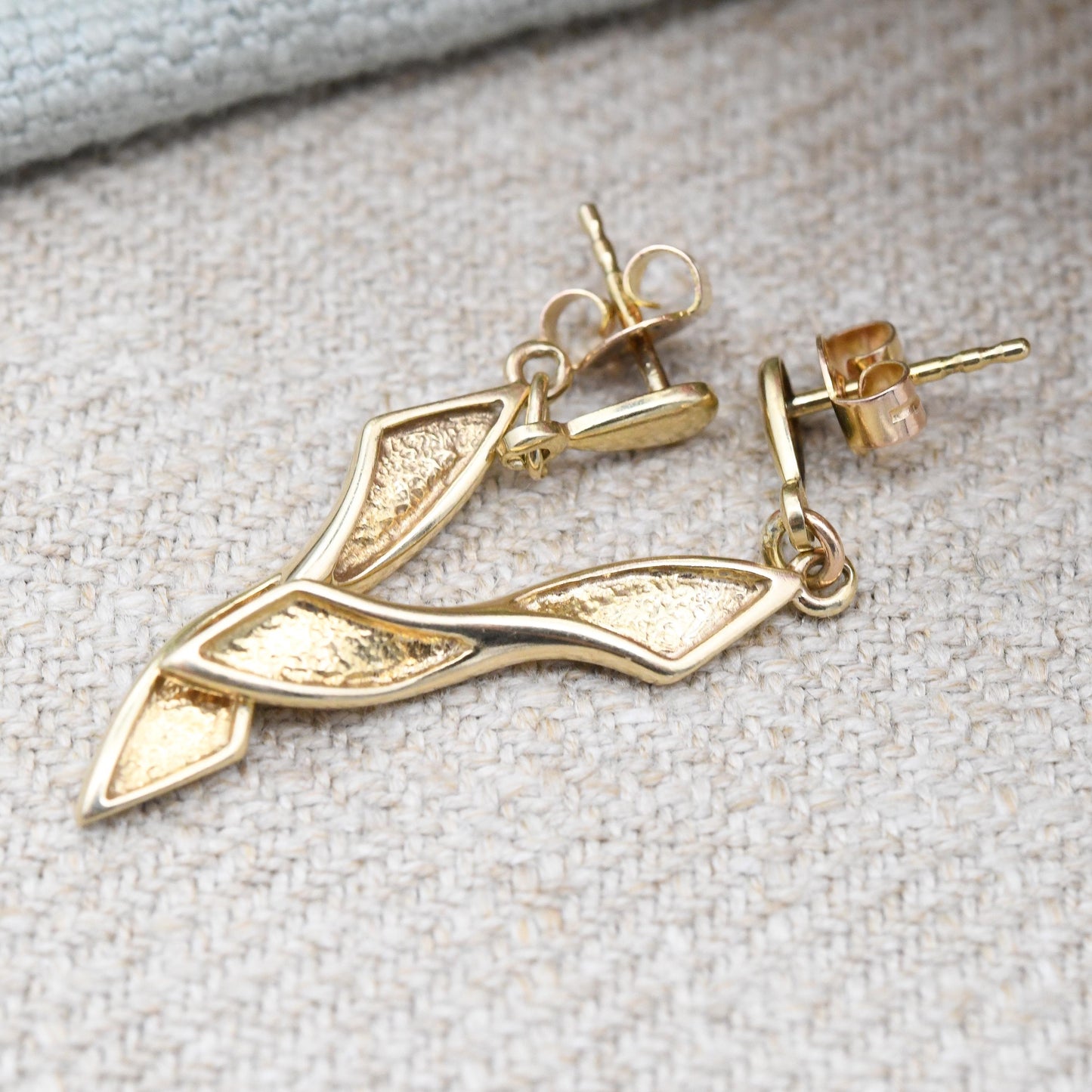 Vintage 9ct Gold Twisted Drop Earrings - Pretty Solid Gold Stud Dangle Earrings with Butterfly Backs | Minimalist Design Jewellery