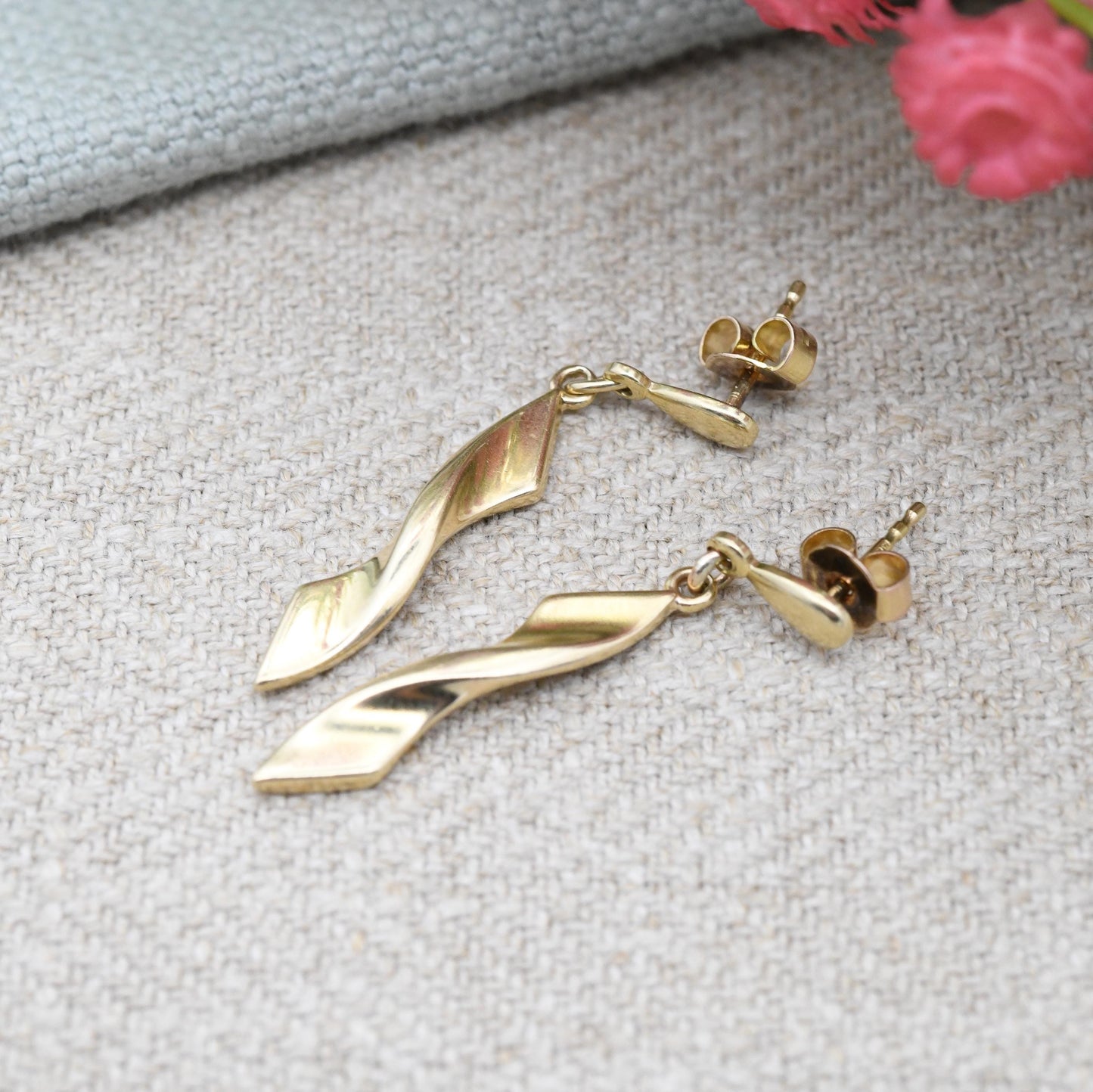 Vintage 9ct Gold Twisted Drop Earrings - Pretty Solid Gold Stud Dangle Earrings with Butterfly Backs | Minimalist Design Jewellery