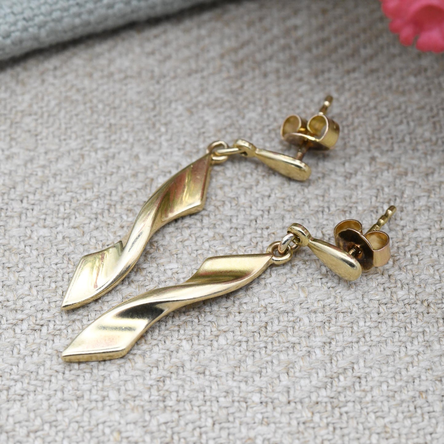Vintage 9ct Gold Twisted Drop Earrings - Pretty Solid Gold Stud Dangle Earrings with Butterfly Backs | Minimalist Design Jewellery