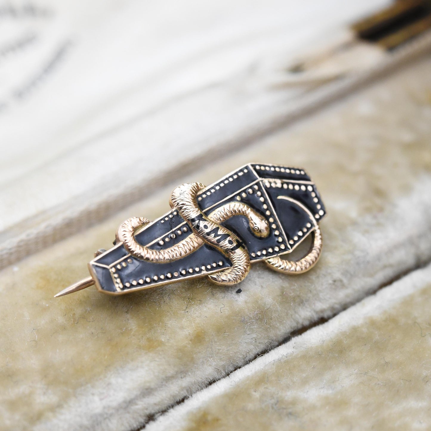 Antique Memento Mori 15ct Gold Brooch Coffin and Snake Symbols Black Enamel KMT - Georgian Mourning Jewellery French Engraving | Lock Clasp