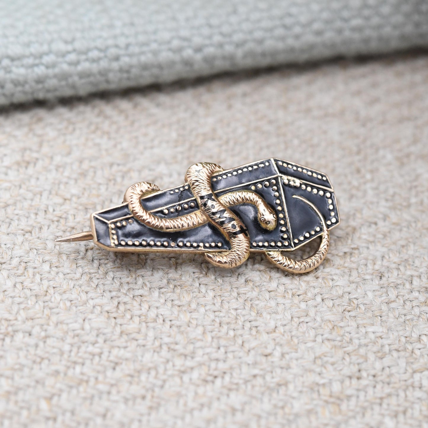 Antique Memento Mori 15ct Gold Brooch Coffin and Snake Symbols Black Enamel KMT - Georgian Mourning Jewellery French Engraving | Lock Clasp