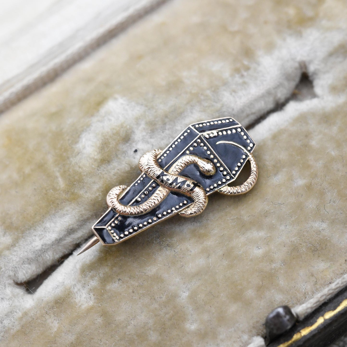 Antique Memento Mori 15ct Gold Brooch Coffin and Snake Symbols Black Enamel KMT - Georgian Mourning Jewellery French Engraving | Lock Clasp
