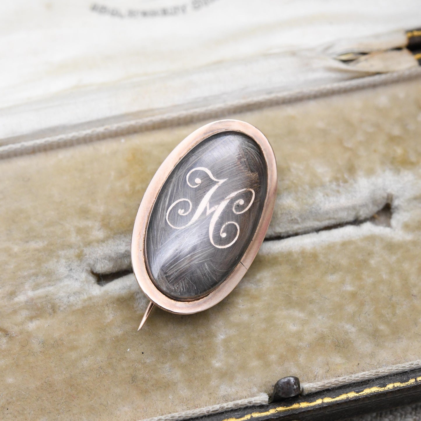 Antique Mourning Hair Brooch 12ct Gold Georgian Era 1782 Letter M - Hand Engraved Name Cha. Hall and Date 10 December | Hairwork Jewellery