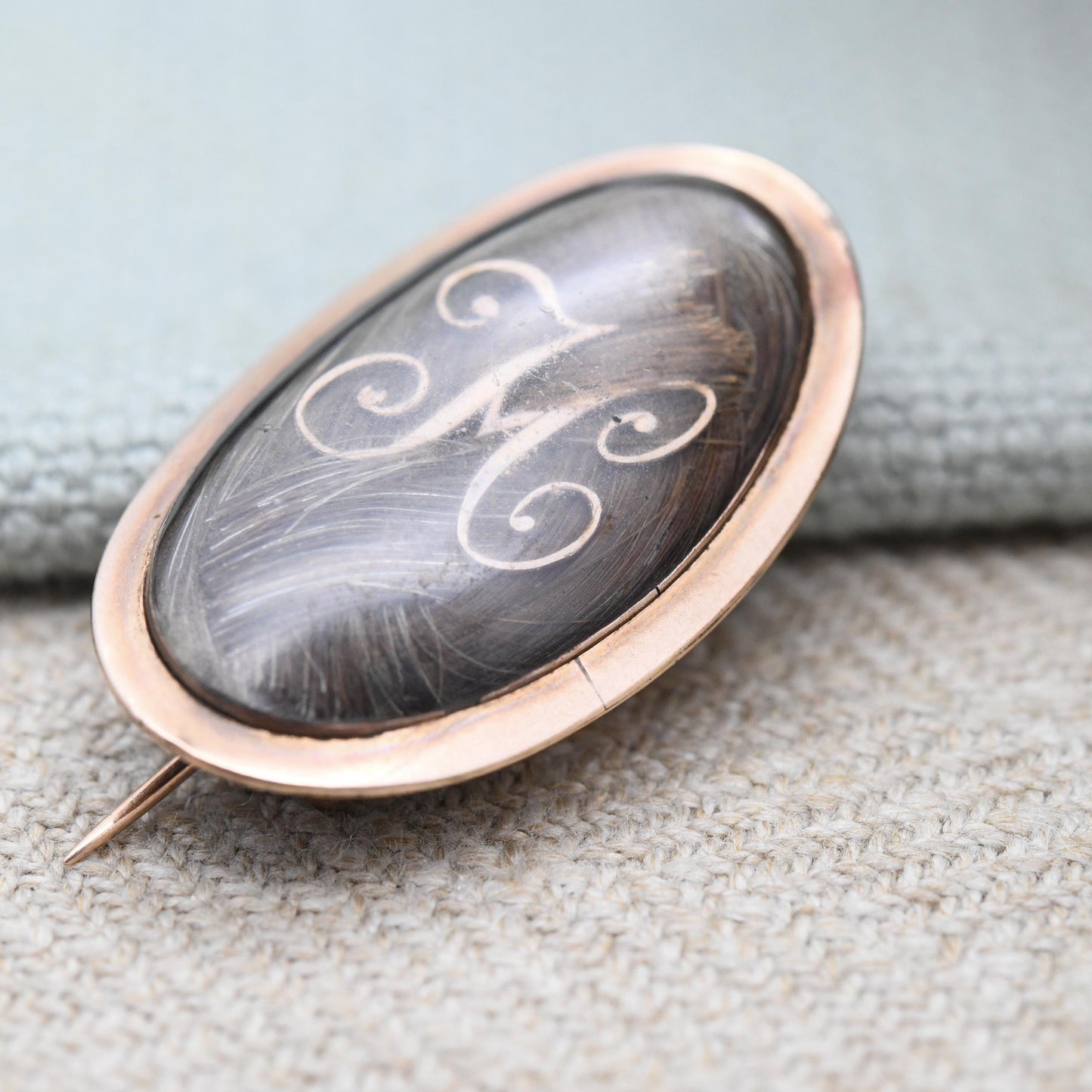 Antique Mourning Hair Brooch 12ct Gold Georgian Era 1782 Letter M - Hand Engraved Name Cha. Hall and Date 10 December | Hairwork Jewellery