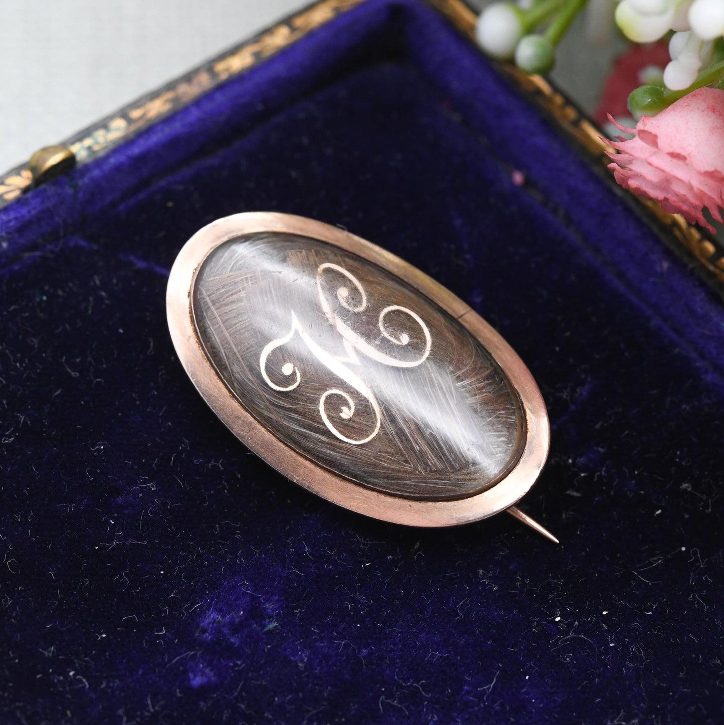 Antique Mourning Hair Brooch 12ct Gold Georgian Era 1782 Letter M - Hand Engraved Name Cha. Hall and Date 10 December | Hairwork Jewellery