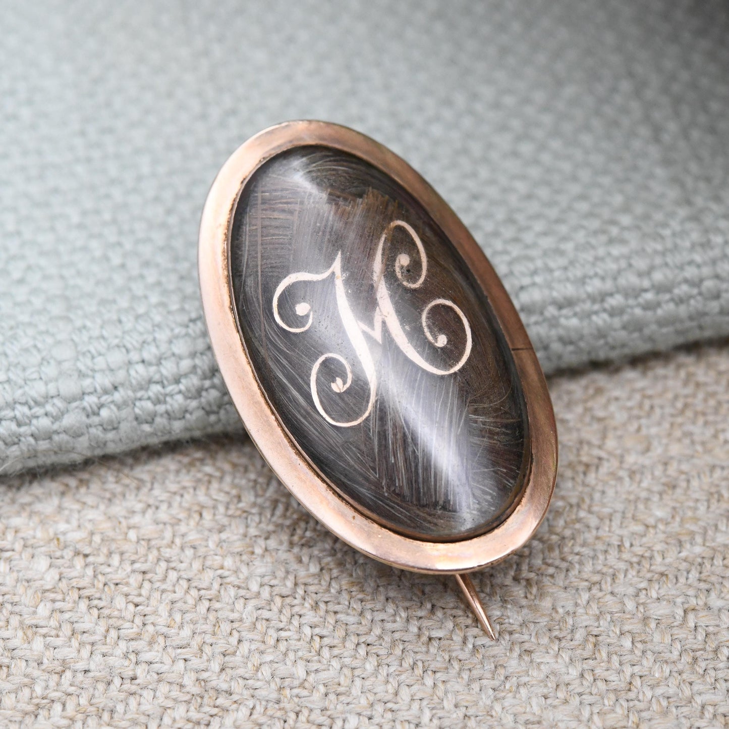 Antique Mourning Hair Brooch 12ct Gold Georgian Era 1782 Letter M - Hand Engraved Name Cha. Hall and Date 10 December | Hairwork Jewellery