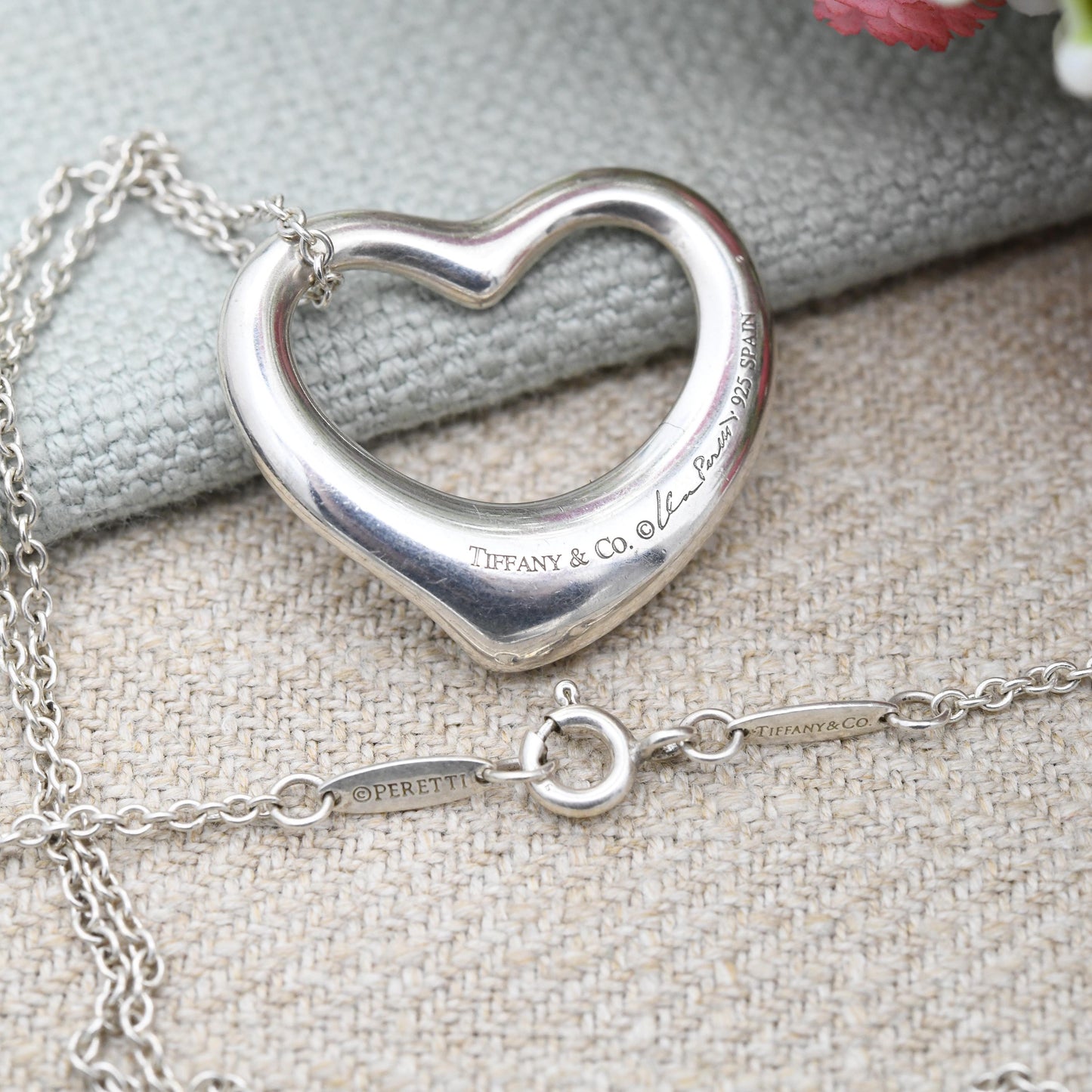Tiffany & Co Elsa Peretti Open Heart Pendant Necklace Sterling Silver - Large Size 27mm | Genuine Signed Designer Jewellery Cable Chain 18"