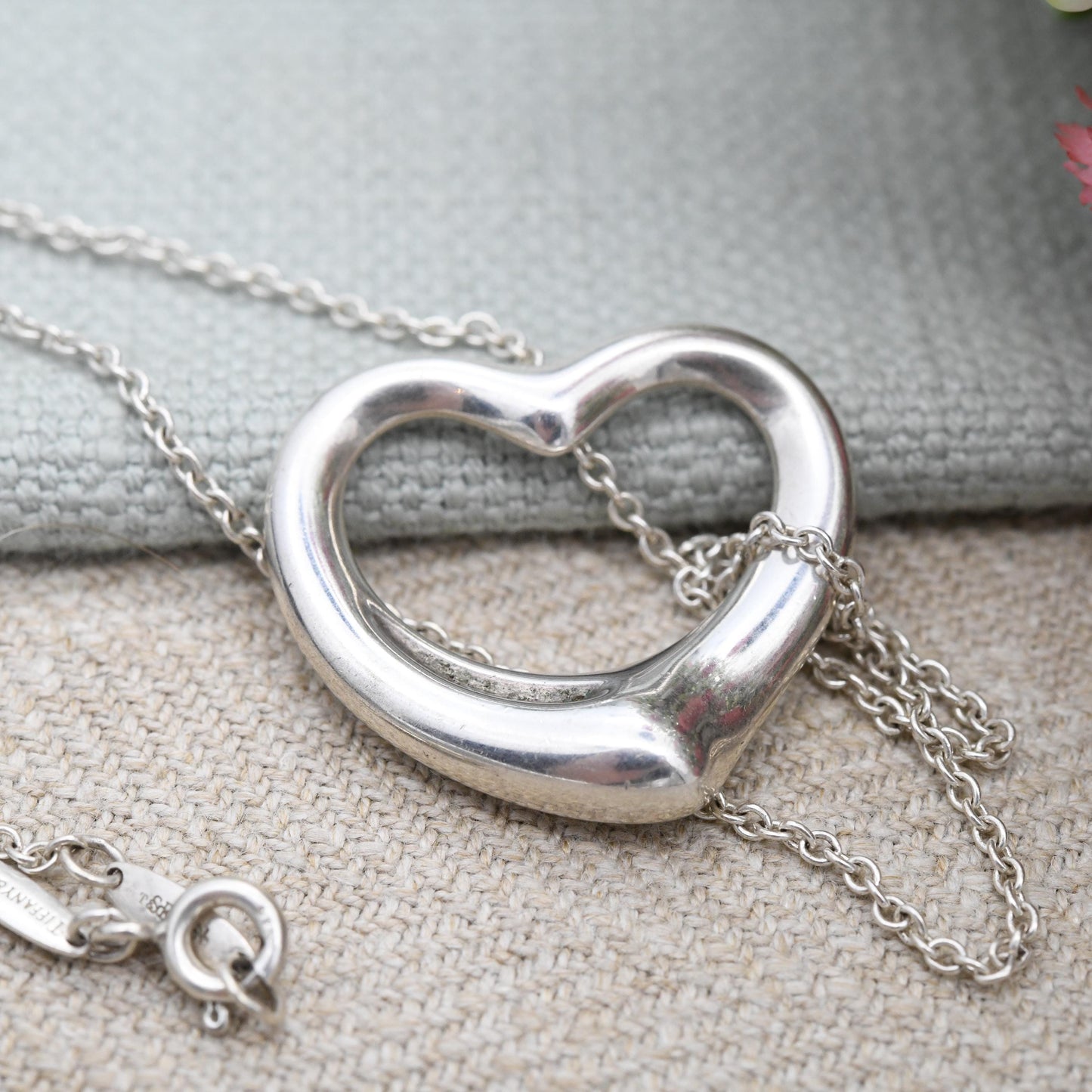 Tiffany & Co Elsa Peretti Open Heart Pendant Necklace Sterling Silver - Large Size 27mm | Genuine Signed Designer Jewellery Cable Chain 18"