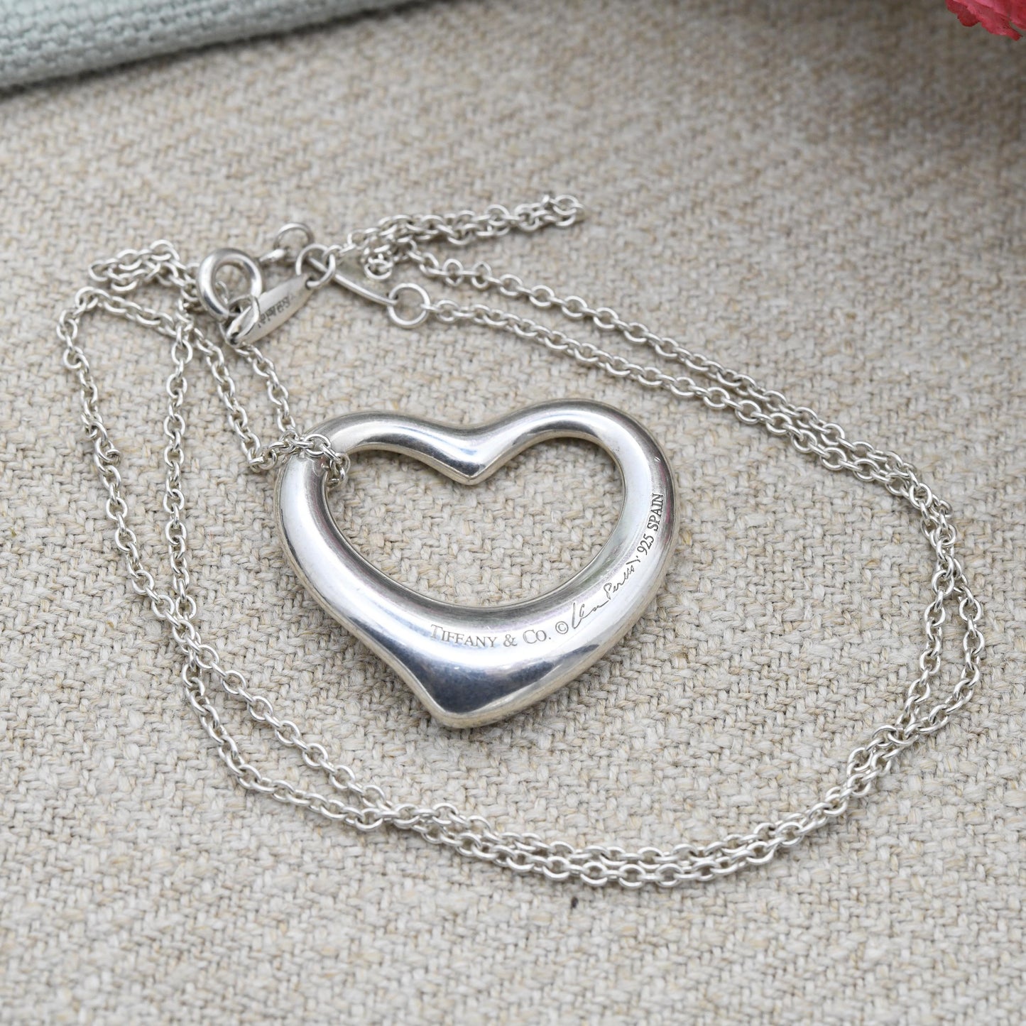 Tiffany & Co Elsa Peretti Open Heart Pendant Necklace Sterling Silver - Large Size 27mm | Genuine Signed Designer Jewellery Cable Chain 18"