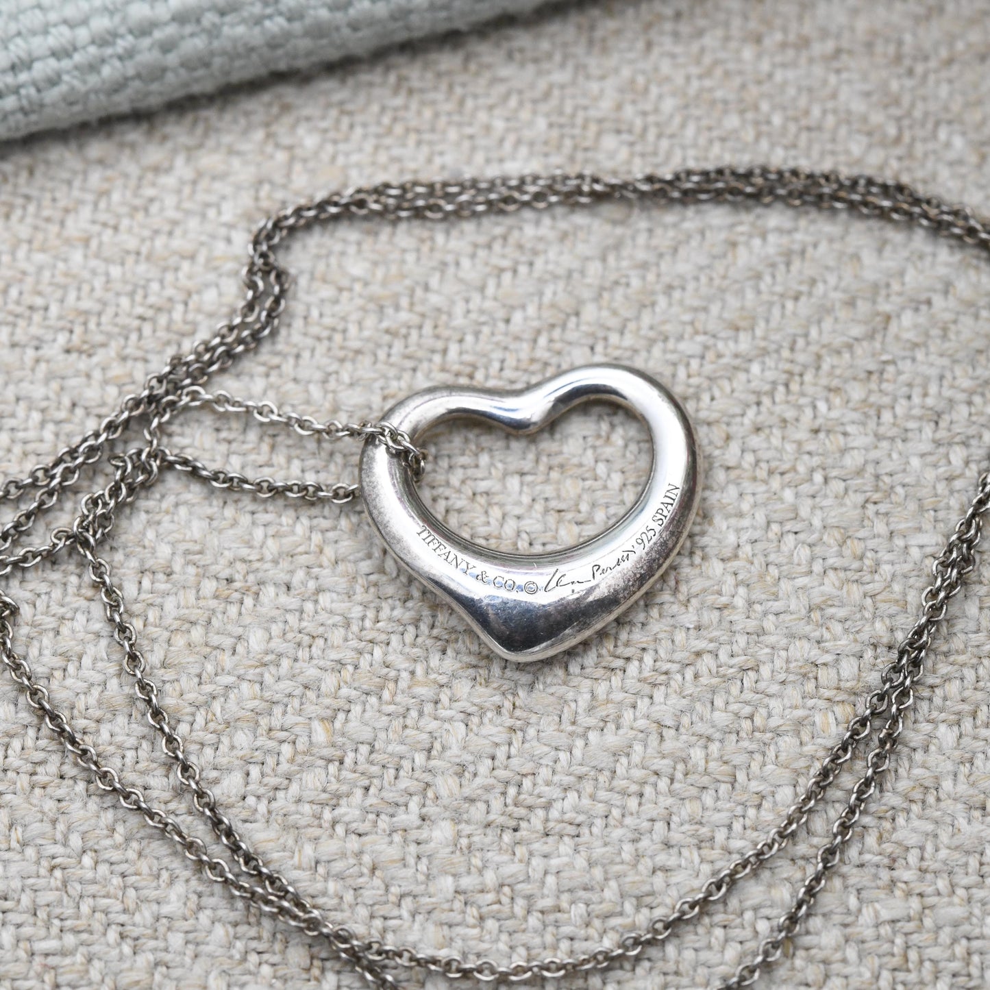 Tiffany & Co Elsa Peretti Open Heart Pendant Necklace Sterling Silver - Medium Size 16mm | Genuine Signed Designer Jewellery Trace Chain 16"