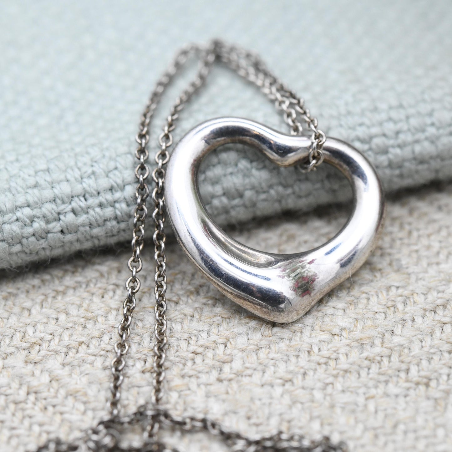 Tiffany & Co Elsa Peretti Open Heart Pendant Necklace Sterling Silver - Medium Size 16mm | Genuine Signed Designer Jewellery Trace Chain 16"