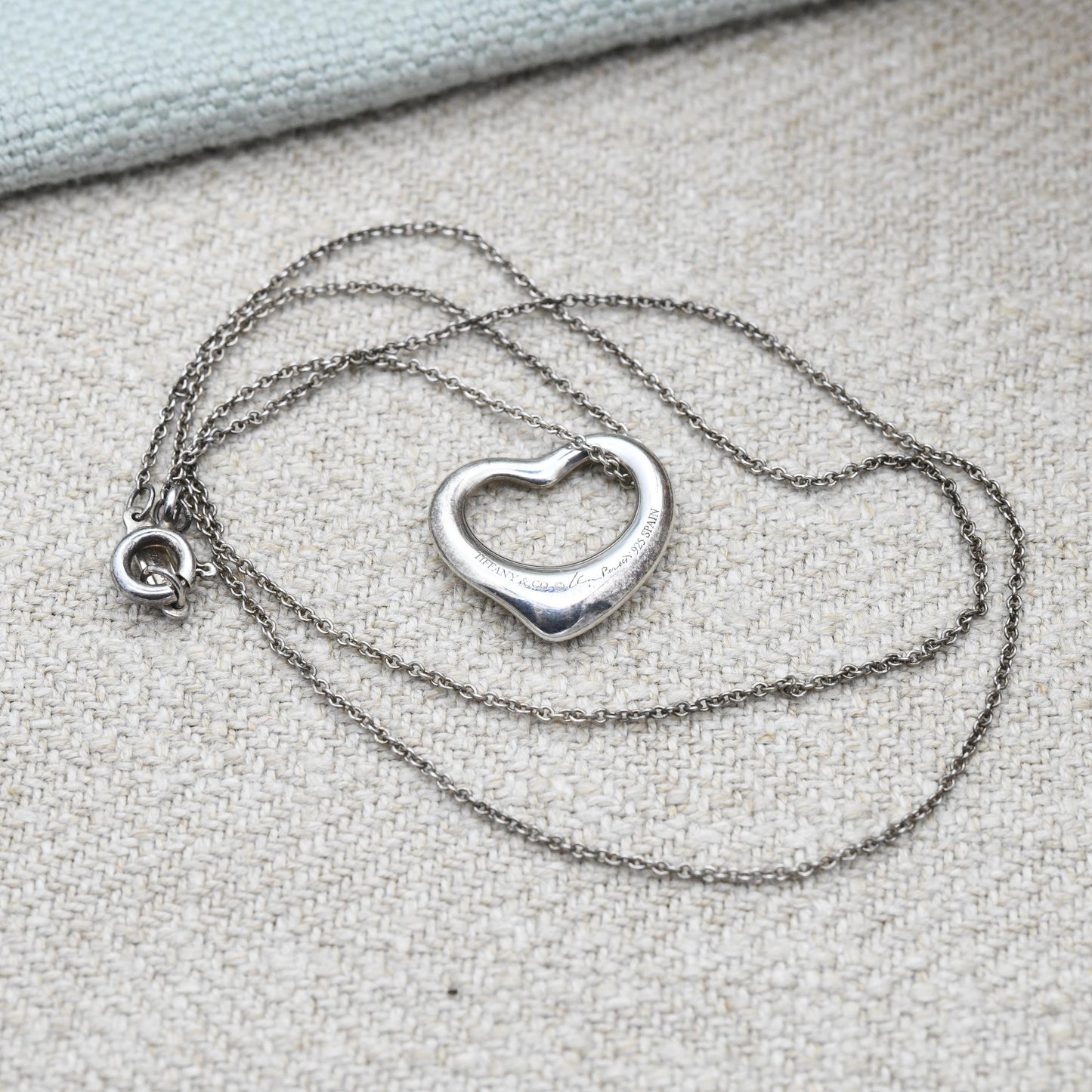 Tiffany & Co Elsa Peretti Open Heart Pendant Necklace Sterling Silver - Medium Size 16mm | Genuine Signed Designer Jewellery Trace Chain 16"