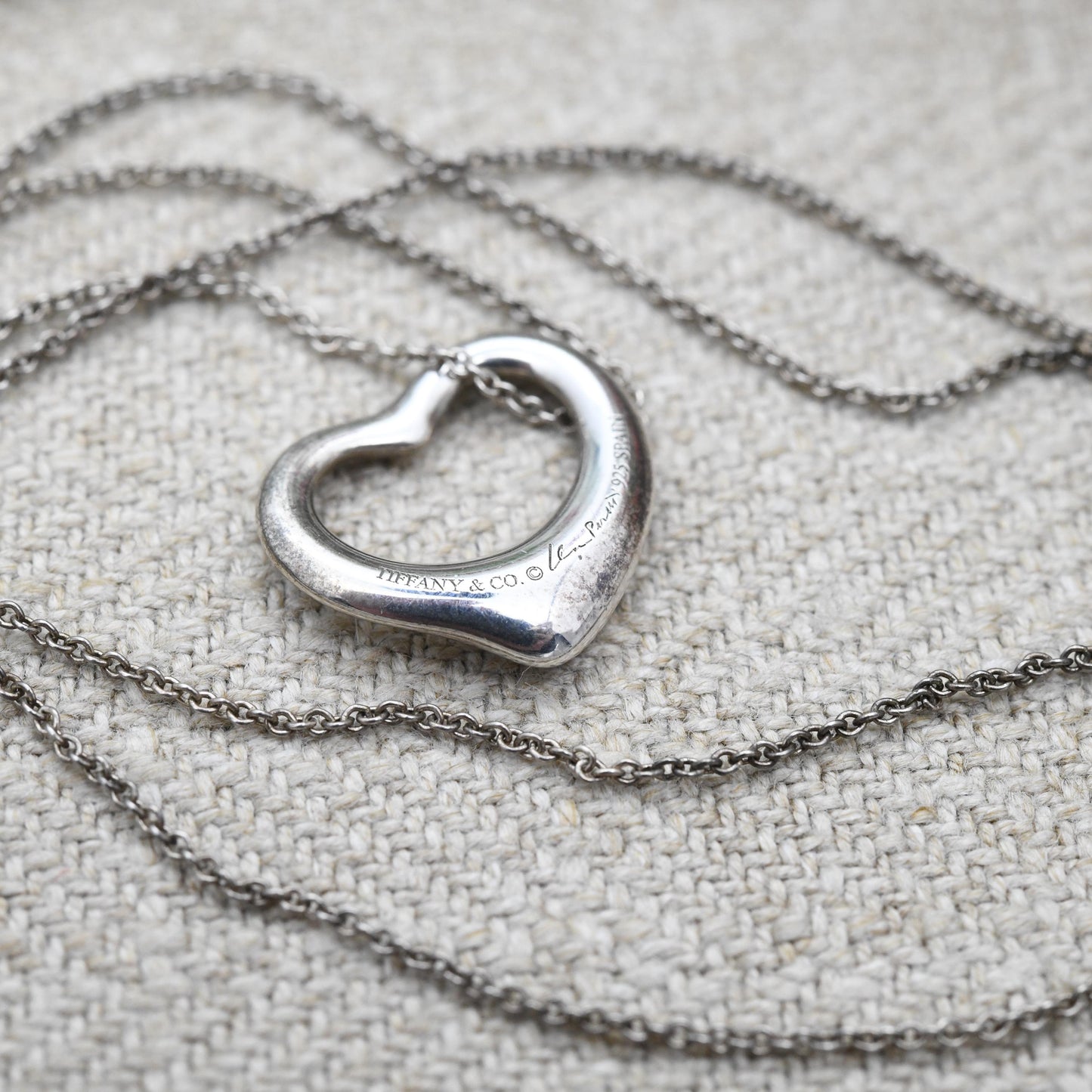 Tiffany & Co Elsa Peretti Open Heart Pendant Necklace Sterling Silver - Medium Size 16mm | Genuine Signed Designer Jewellery Trace Chain 16"