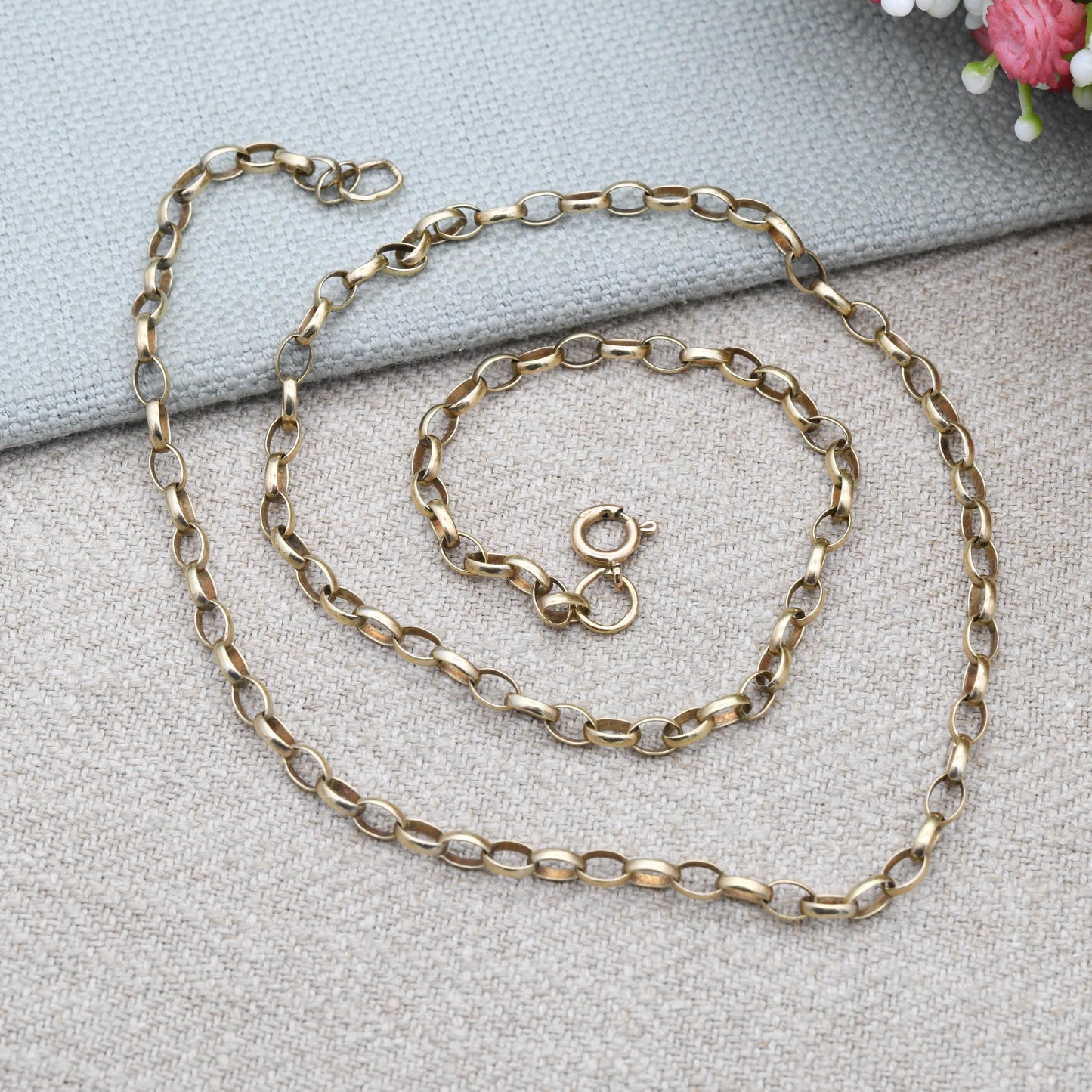 Vintage 9ct Gold Cable Link Chain Necklace - Belcher Chain | Elongated Oval Rolo Links Unisex Yellow Gold Everyday Jewellery | 53cm | 21"