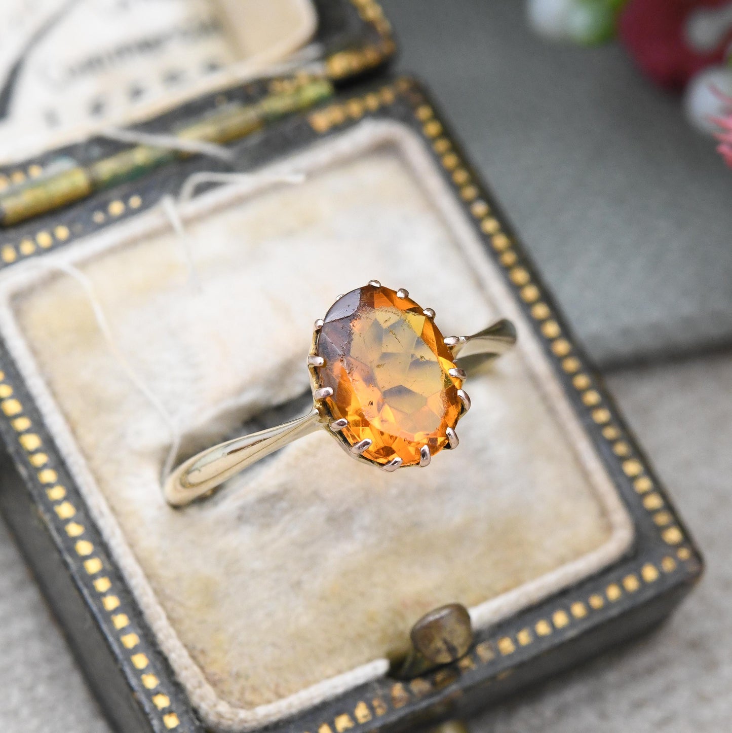 Antique 9ct Gold Citrine Paste Ring Large Orange Stone Solitaire - Minimal Claw Faceted Cocktail Dress Ring | UK Size - P | US Size - 7 3/4