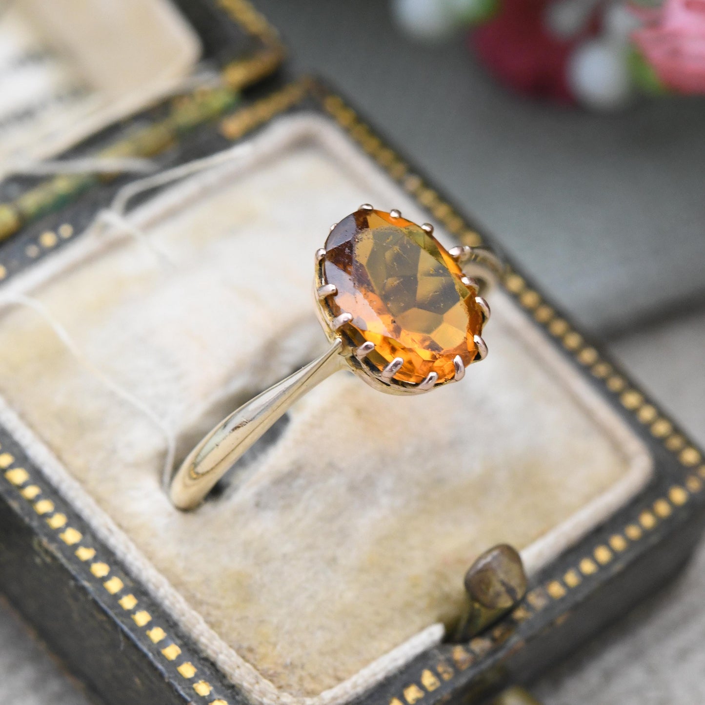 Antique 9ct Gold Citrine Paste Ring Large Orange Stone Solitaire - Minimal Claw Faceted Cocktail Dress Ring | UK Size - P | US Size - 7 3/4