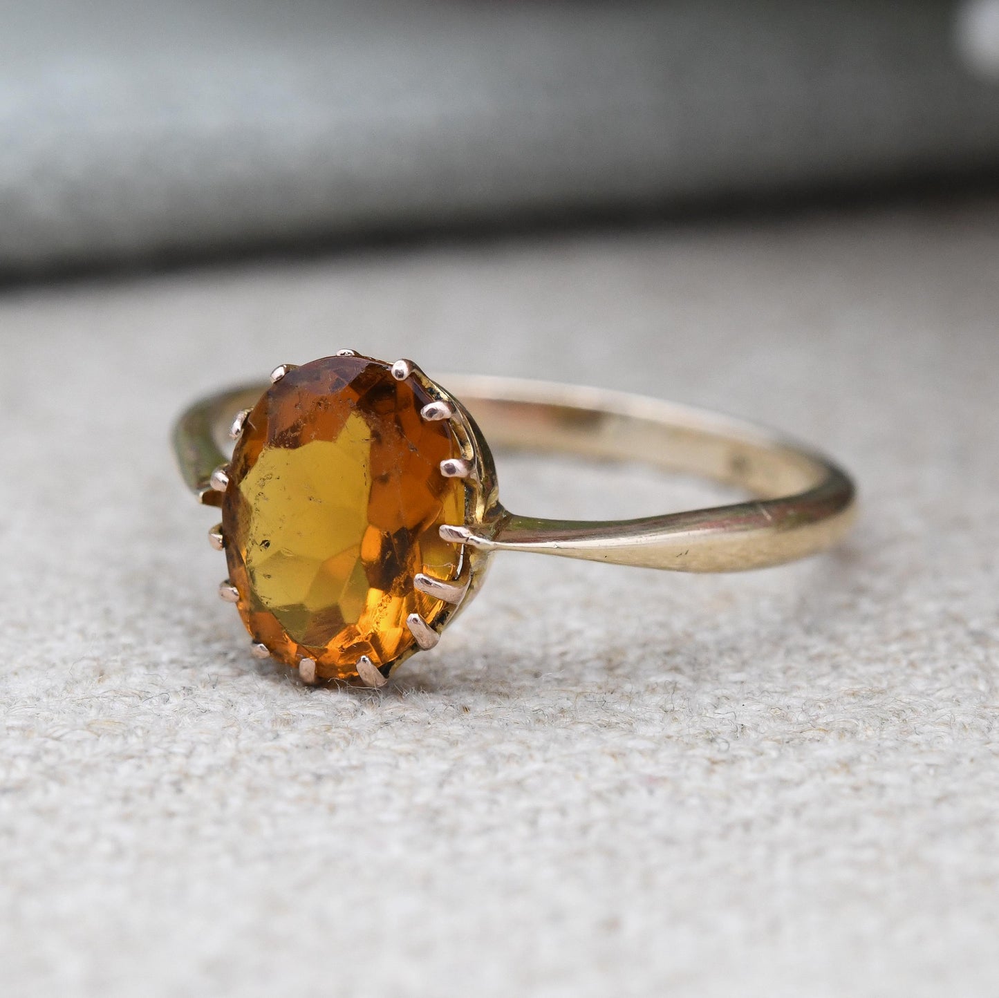 Antique 9ct Gold Citrine Paste Ring Large Orange Stone Solitaire - Minimal Claw Faceted Cocktail Dress Ring | UK Size - P | US Size - 7 3/4