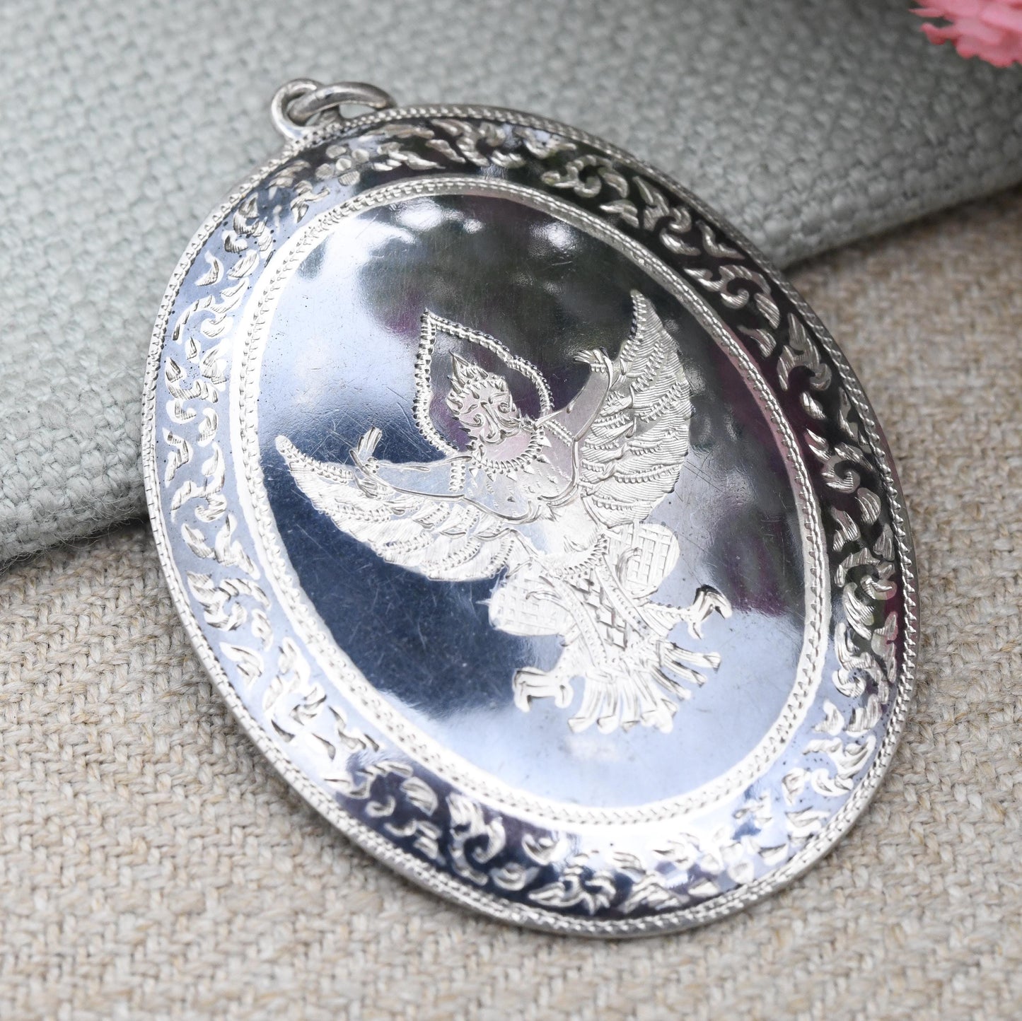 Vintage Sterling Silver Siam Garuda Pendant with Black Niello - Hand Engraved Decoration | Large Oval Shape | Religious God Jewellery