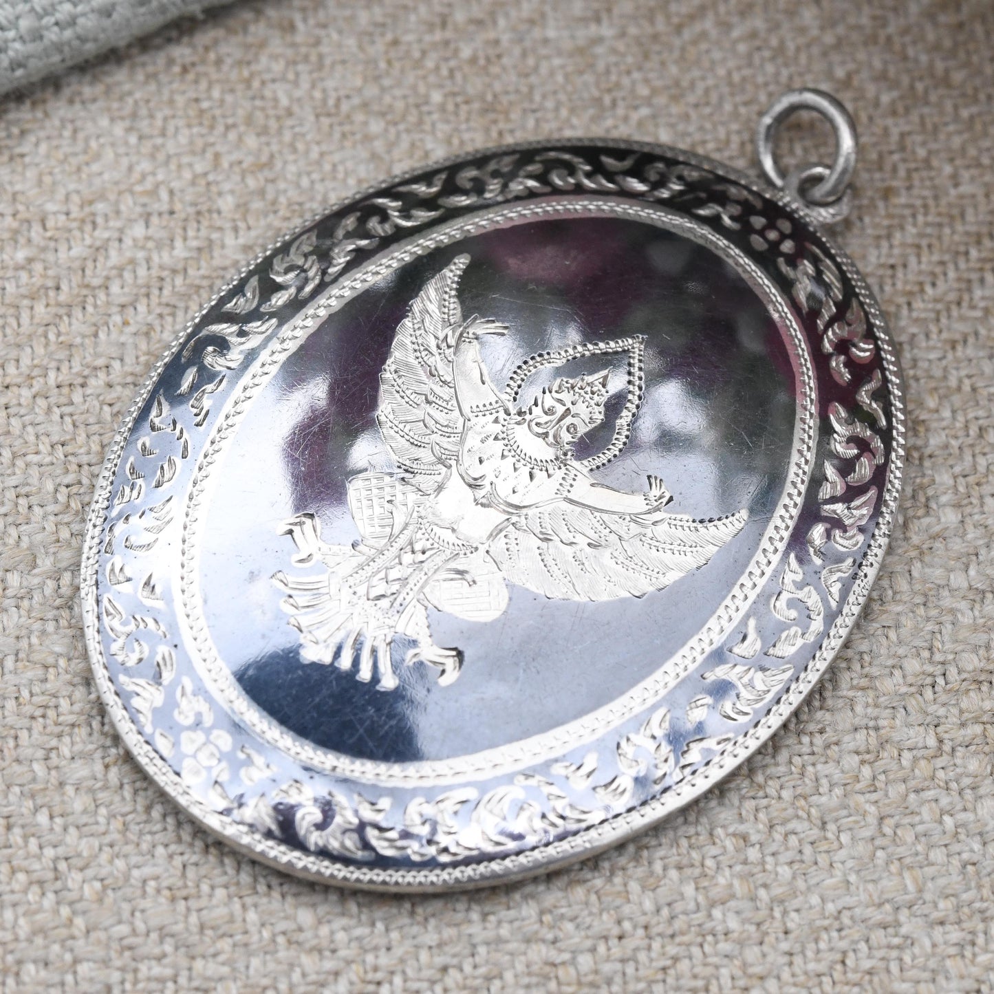 Vintage Sterling Silver Siam Garuda Pendant with Black Niello - Hand Engraved Decoration | Large Oval Shape | Religious God Jewellery