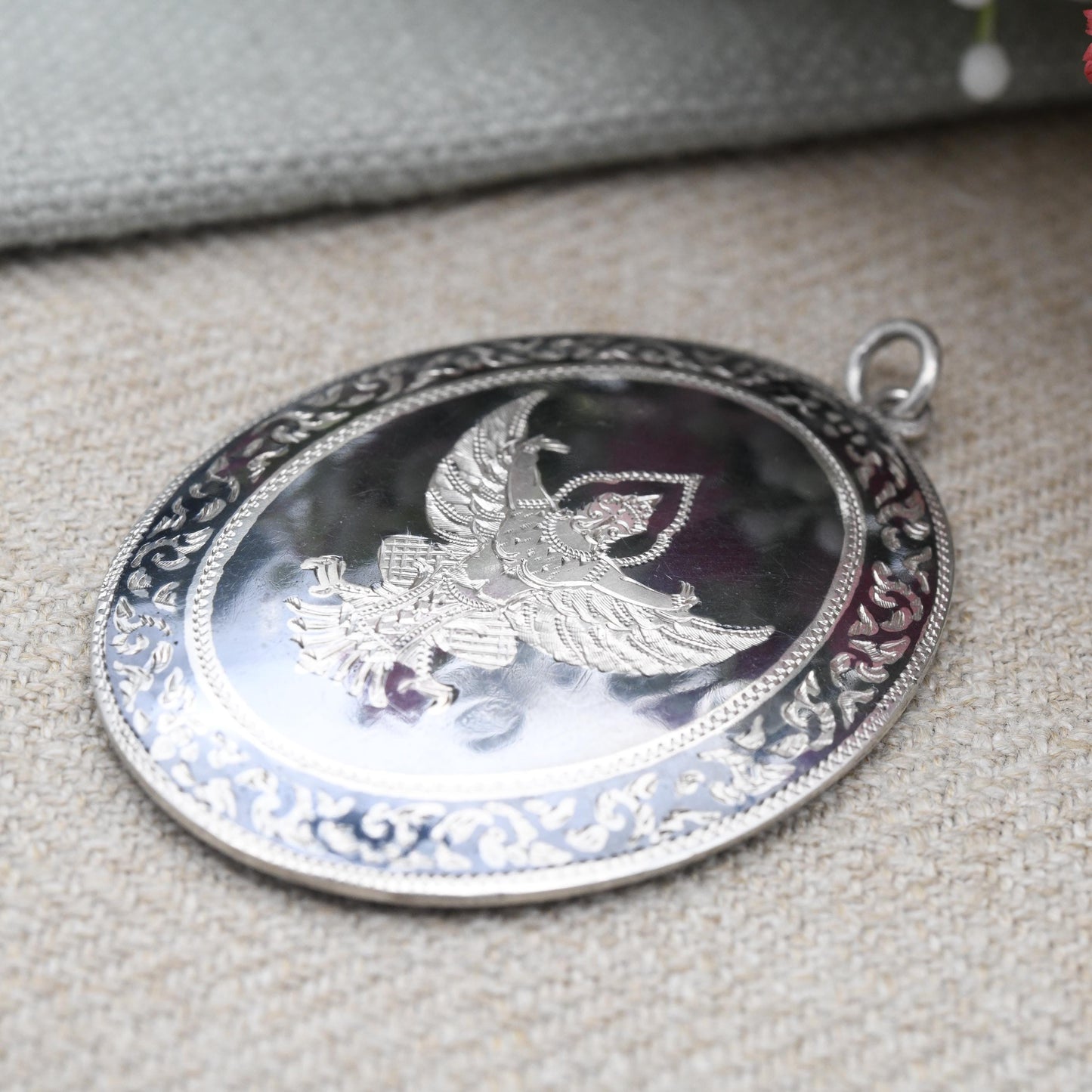 Vintage Sterling Silver Siam Garuda Pendant with Black Niello - Hand Engraved Decoration | Large Oval Shape | Religious God Jewellery