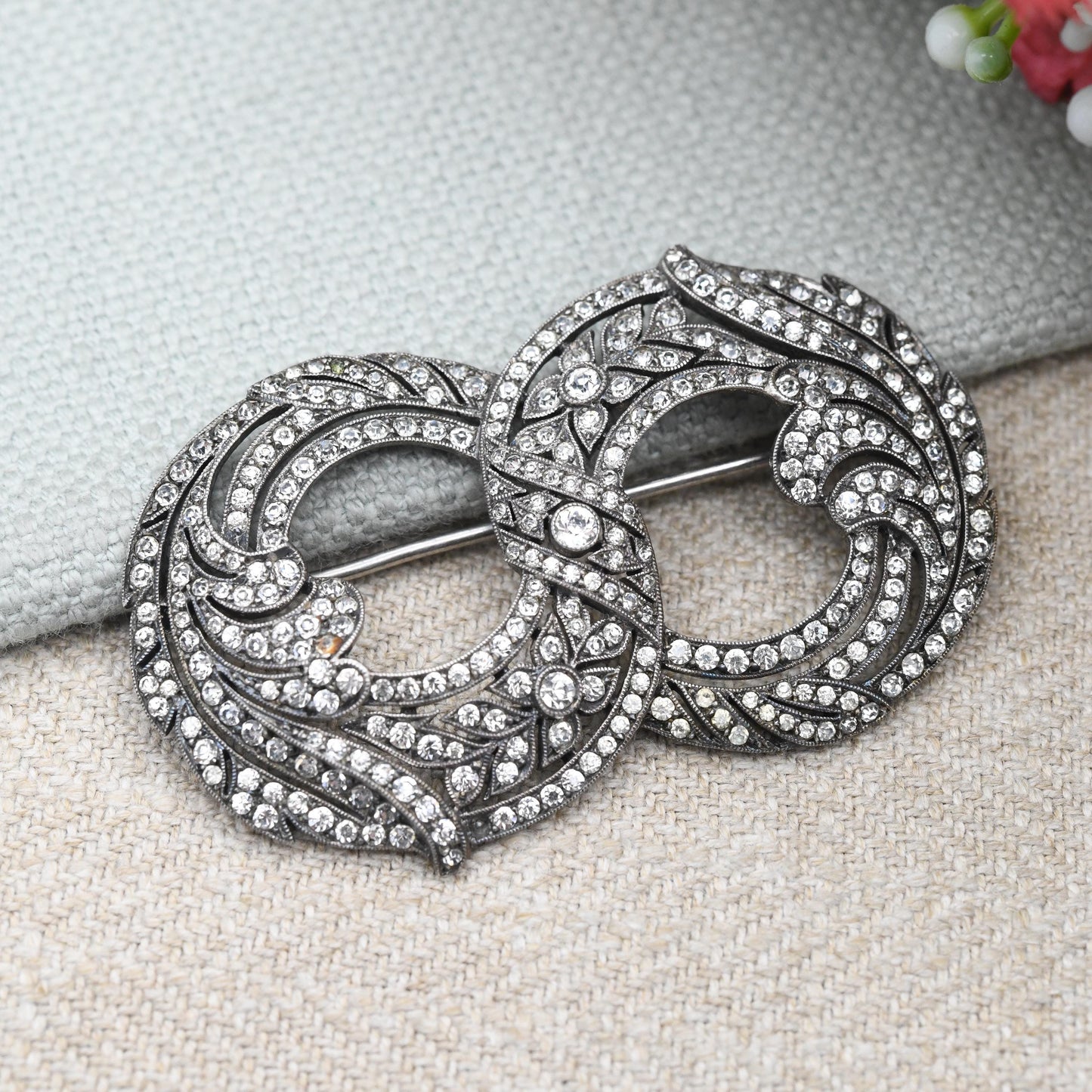 Vintage European Silver Double Wreath Paste Brooch c. 1940s - True Vintage Sparkly Dress Jewellery | Interwoven Circle Design | Pretty Gift