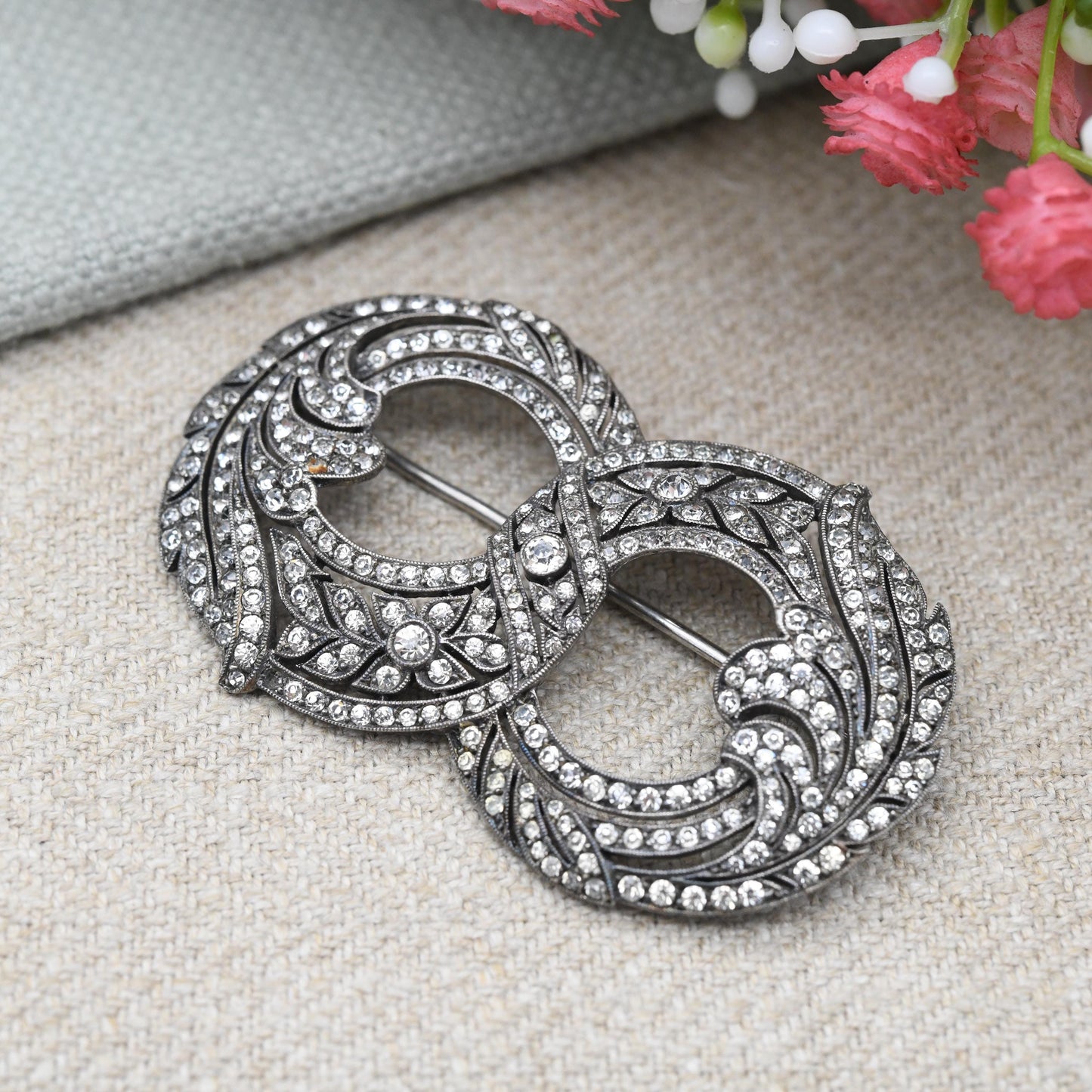Vintage European Silver Double Wreath Paste Brooch c. 1940s - True Vintage Sparkly Dress Jewellery | Interwoven Circle Design | Pretty Gift
