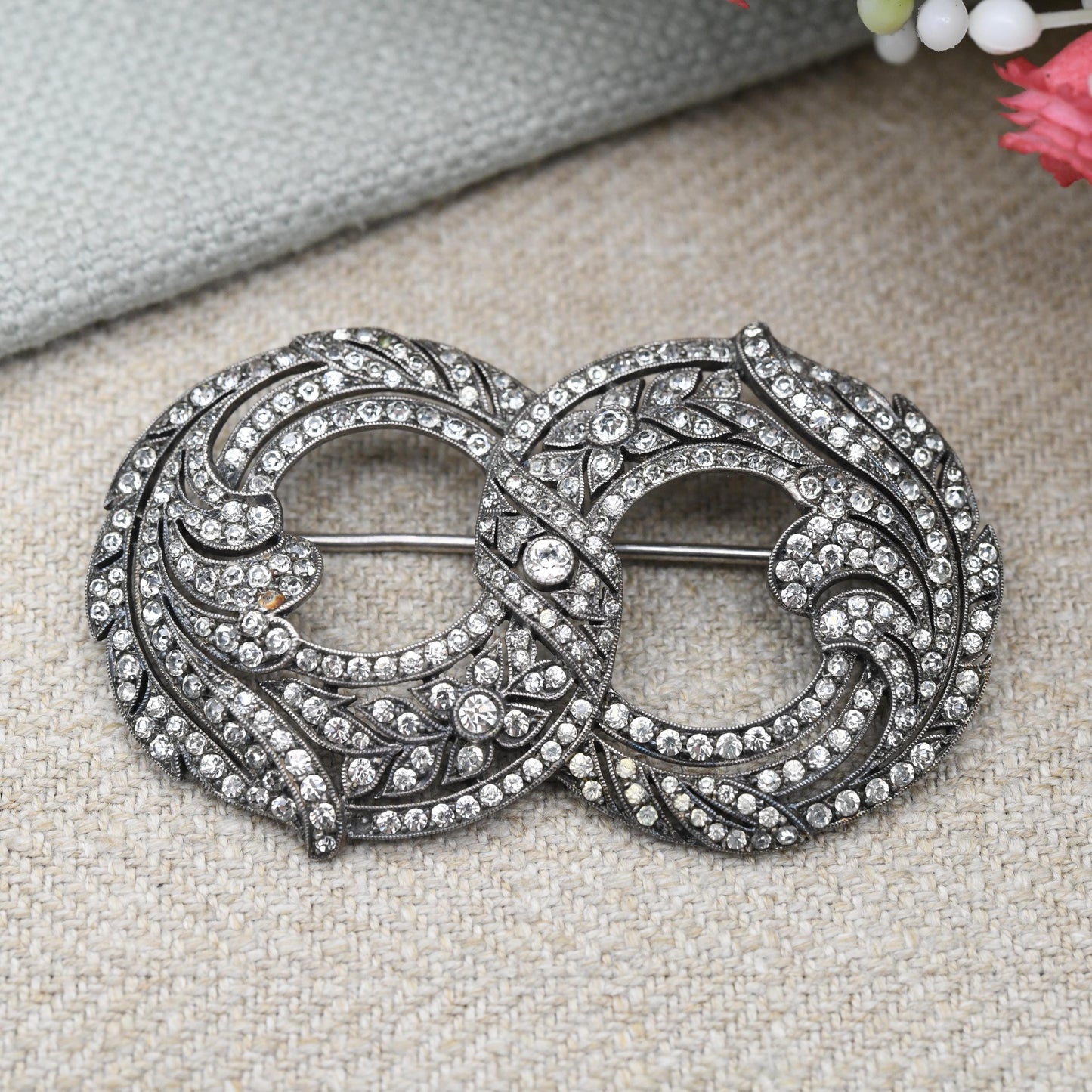 Vintage European Silver Double Wreath Paste Brooch c. 1940s - True Vintage Sparkly Dress Jewellery | Interwoven Circle Design | Pretty Gift