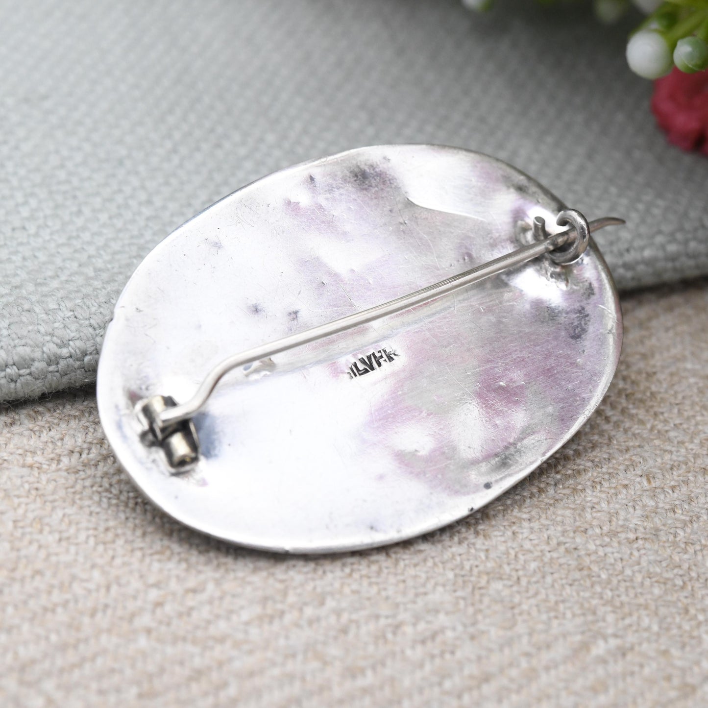 Antique Sterling Silver Mother of Pearl Brooch c. 1900 - Victorian Gemstone Jewellery Cabochon White Stone Oval | Collectable Gift for Her