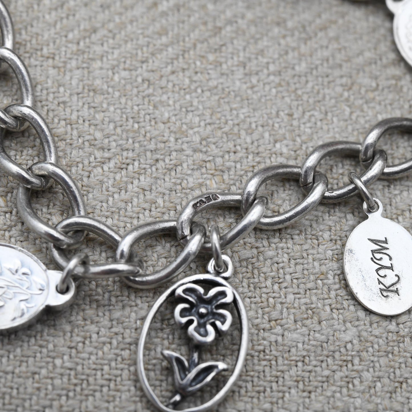 Vintage Sterling Silver Charm Bracelet with 11 Charms 1975 - Danbury Mint Charming Bears Forget Me Not Flowers | Curb Links Charm Set