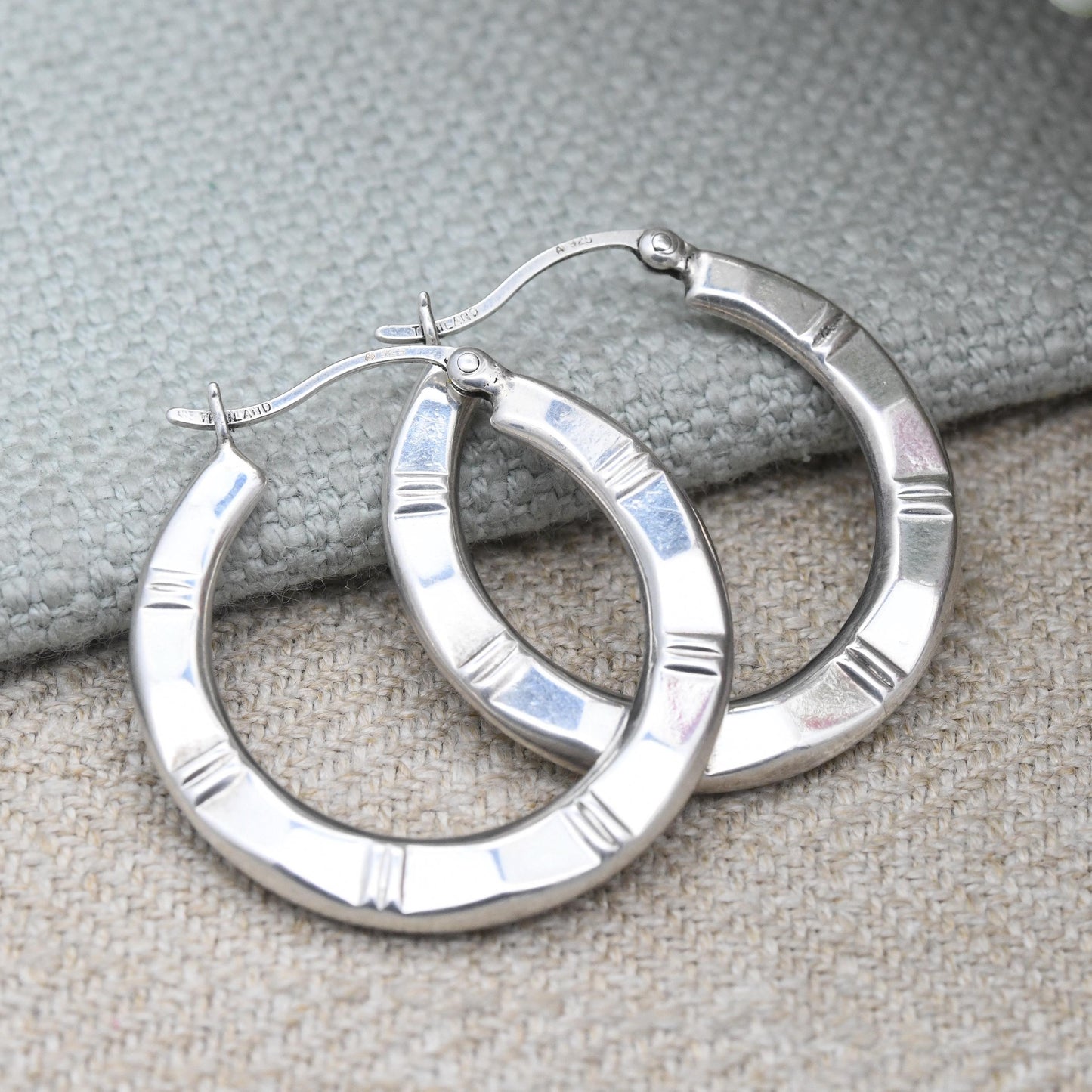 Vintage Sterling Silver Hoop Earrings - Textured Line Hoops Minimalist Design Everyday Jewellery | Made in Thailand