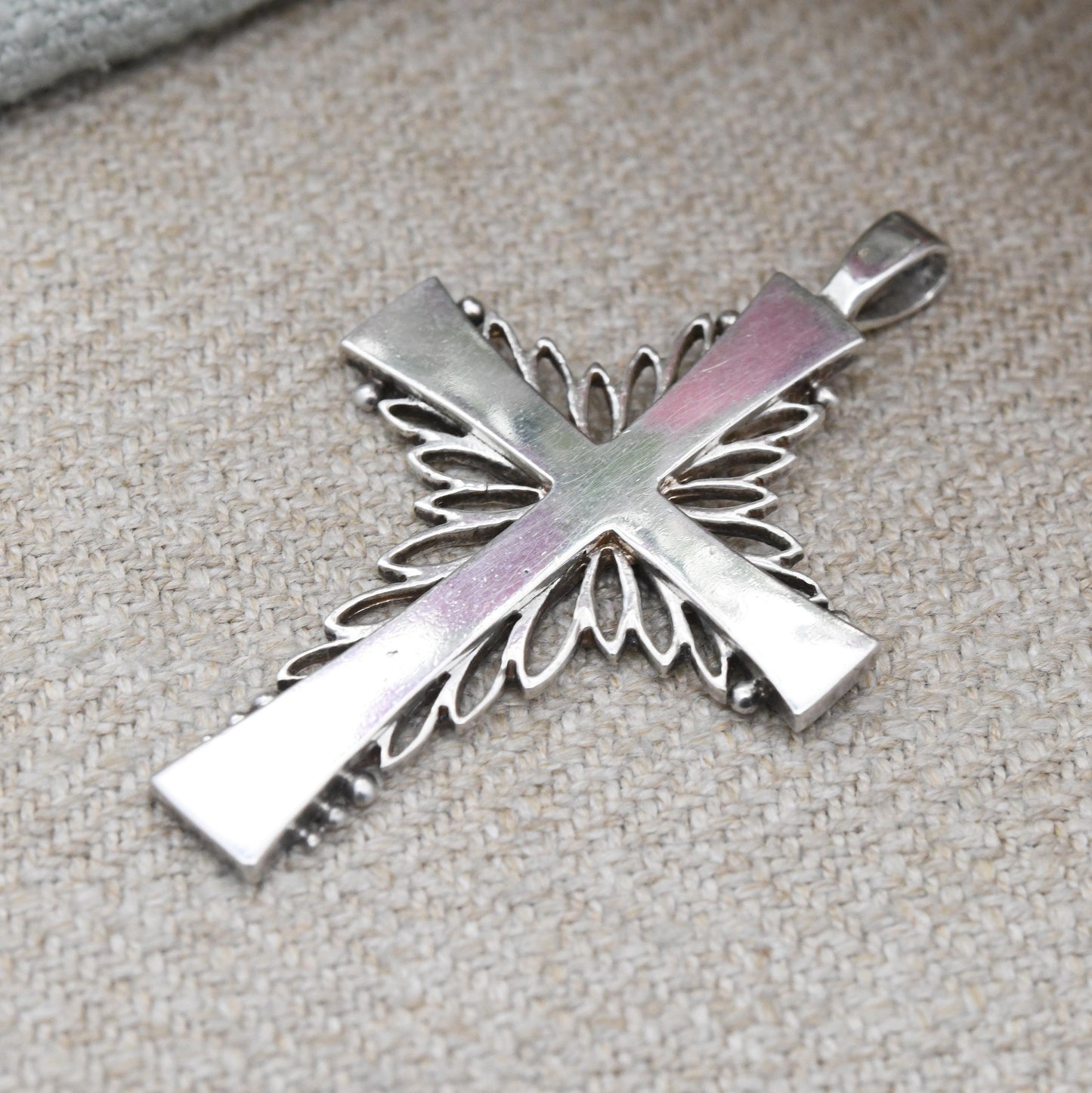 Vintage Sterling Silver Cross Pendant 1976 - Mid-Century Modernist Open Border Textured Design | Gift for Baptism Christening | Large Cross