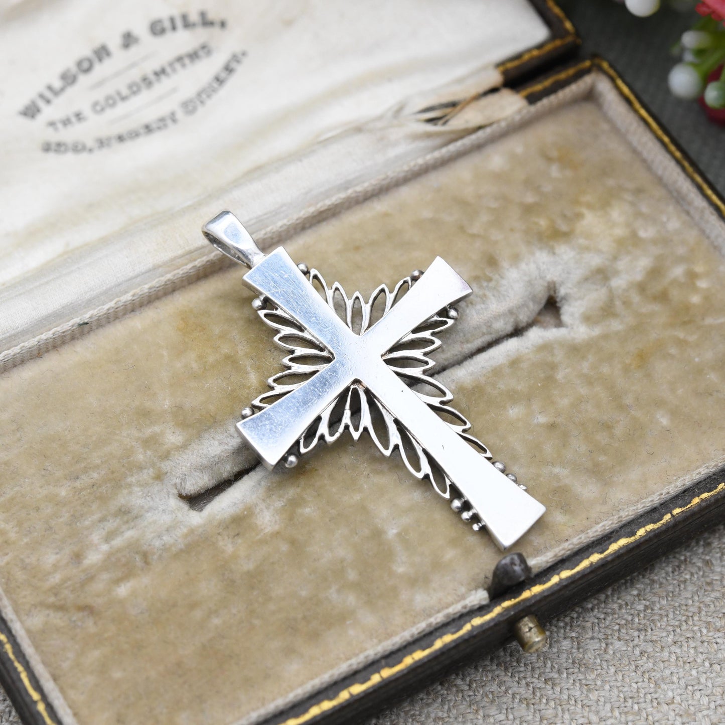 Vintage Sterling Silver Cross Pendant 1976 - Mid-Century Modernist Open Border Textured Design | Gift for Baptism Christening | Large Cross
