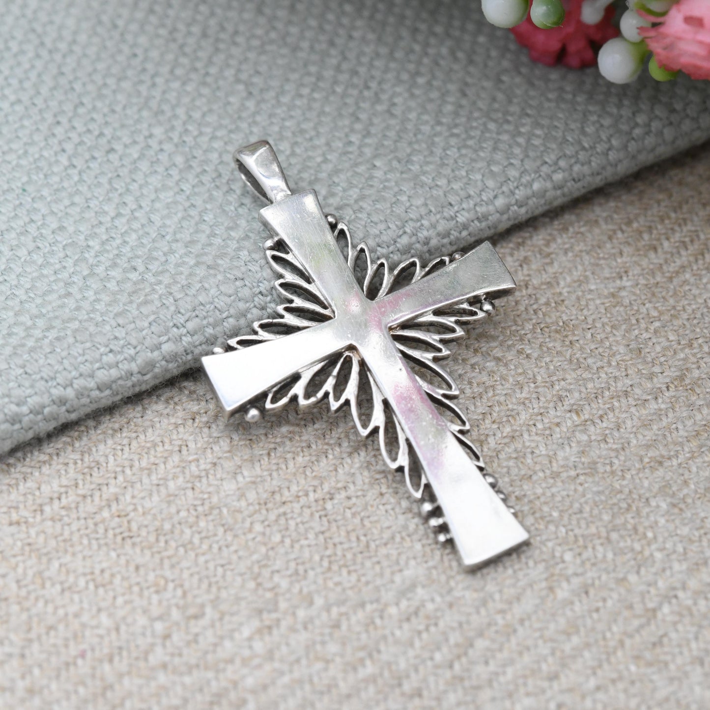 Vintage Sterling Silver Cross Pendant 1976 - Mid-Century Modernist Open Border Textured Design | Gift for Baptism Christening | Large Cross