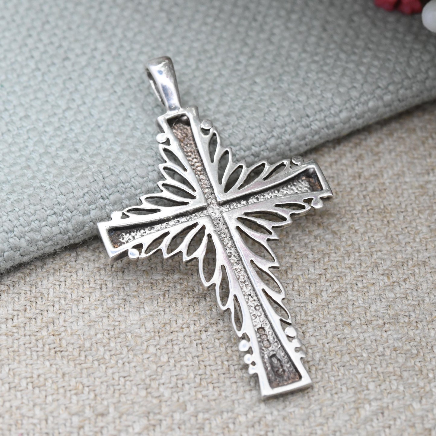 Vintage Sterling Silver Cross Pendant 1976 - Mid-Century Modernist Open Border Textured Design | Gift for Baptism Christening | Large Cross