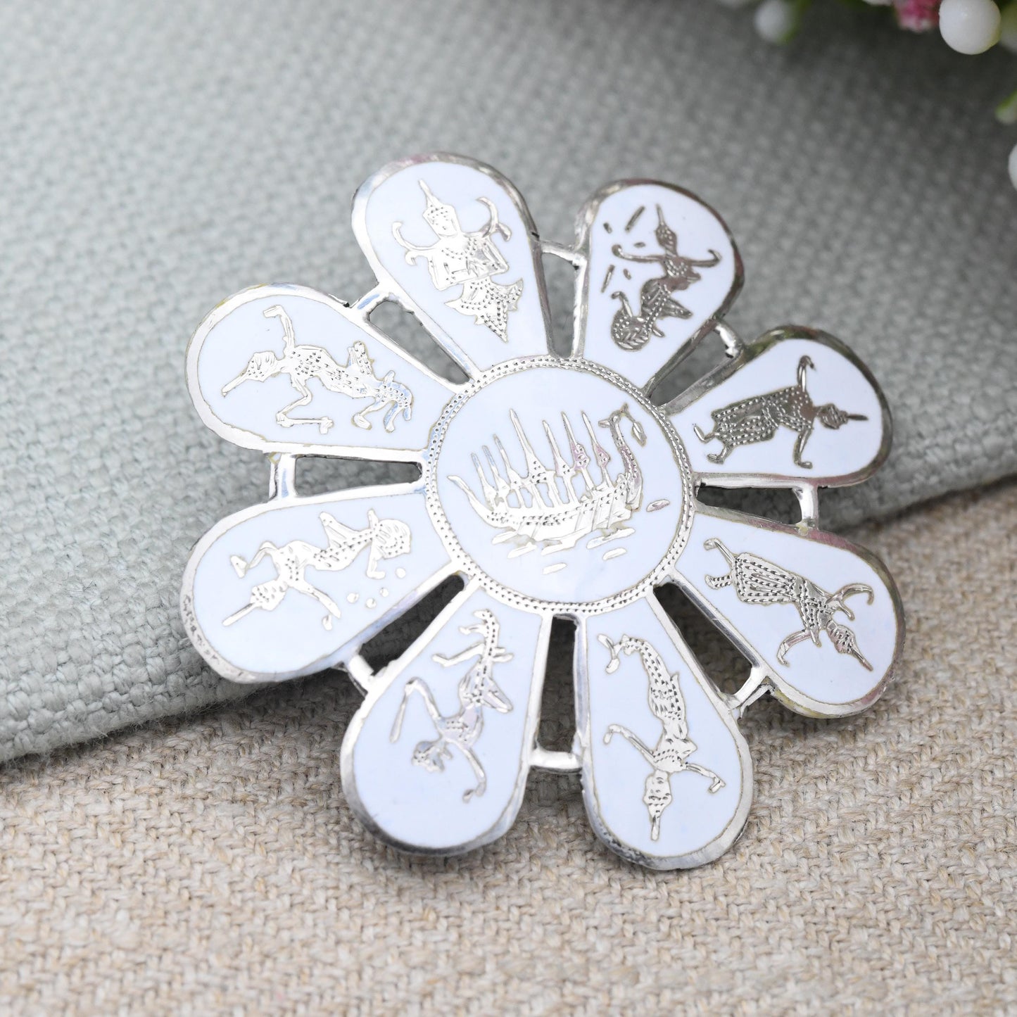 Vintage Siam Sterling Silver Brooch White Enamel Inlay - Flower Shape Petals | Mekala Goddess of Lightning | Goddess Vintage Thailand Silver