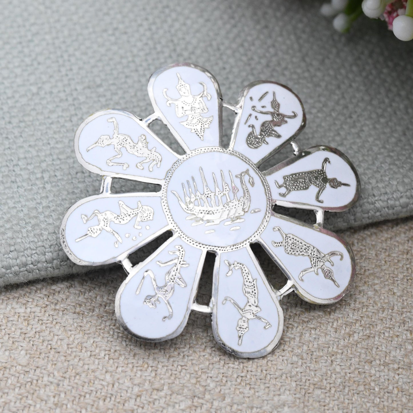 Vintage Siam Sterling Silver Brooch White Enamel Inlay - Flower Shape Petals | Mekala Goddess of Lightning | Goddess Vintage Thailand Silver