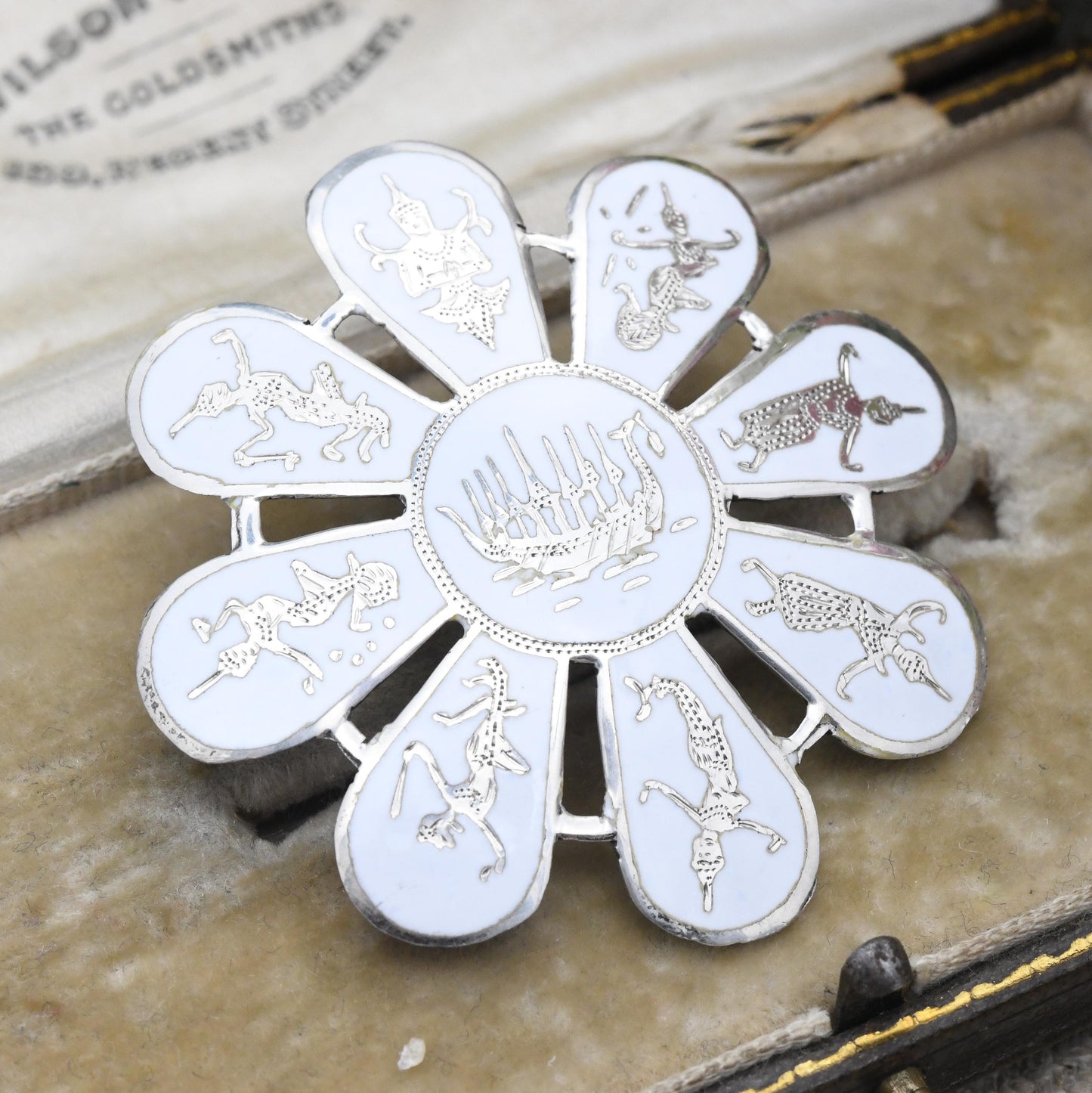 Vintage Siam Sterling Silver Brooch White Enamel Inlay - Flower Shape Petals | Mekala Goddess of Lightning | Goddess Vintage Thailand Silver