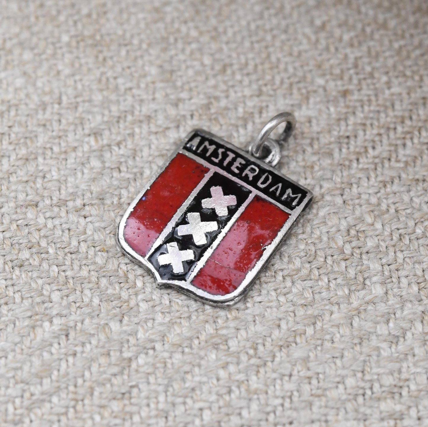 Vintage Silver and Enamel Amsterdam Souvenir Shield Charm Pendant - Netherlands Capital City Flag for Charm Bracelet Scrap Book Holiday Gift