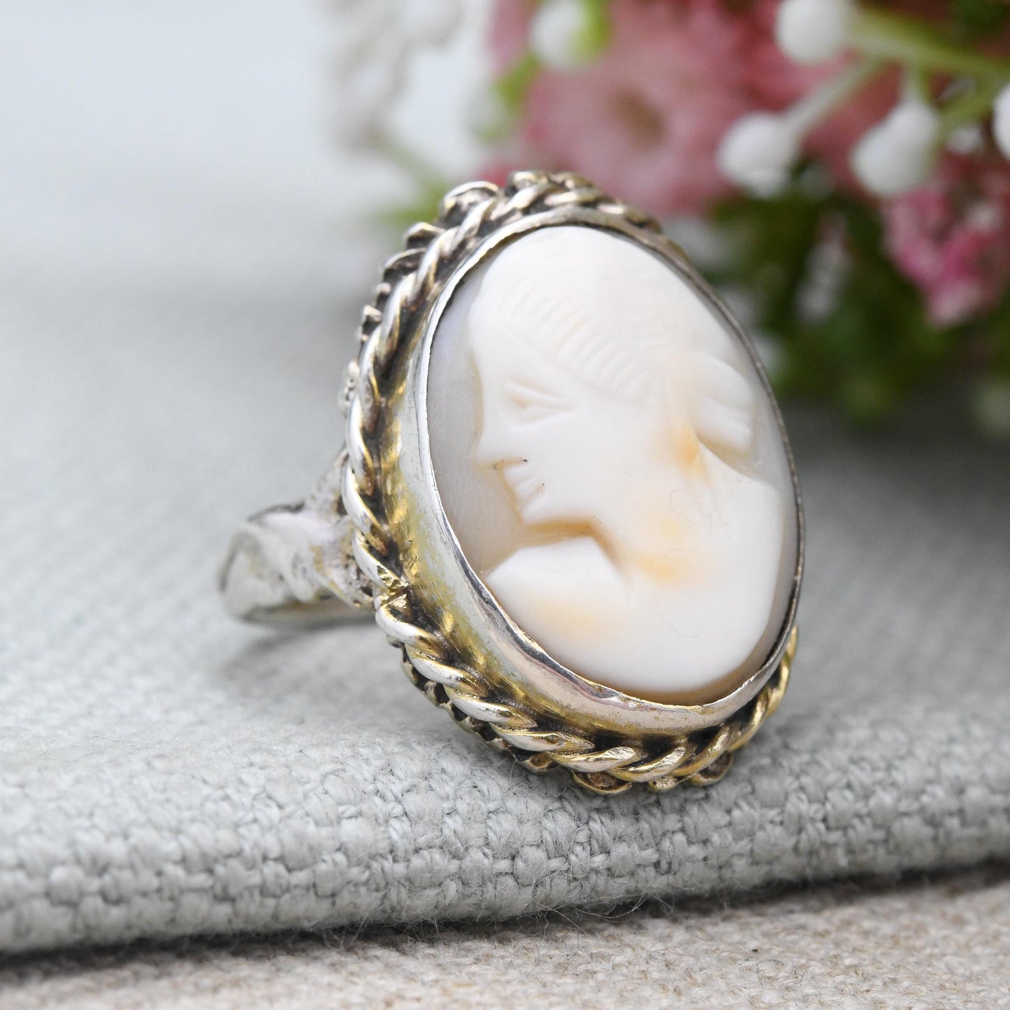 Vintage Sterling Silver Cameo Ring Gold Plated - Carved Shell Classical Woman's Face Ring | Large Statement | UK Size - P 1/2 | US Size - 8