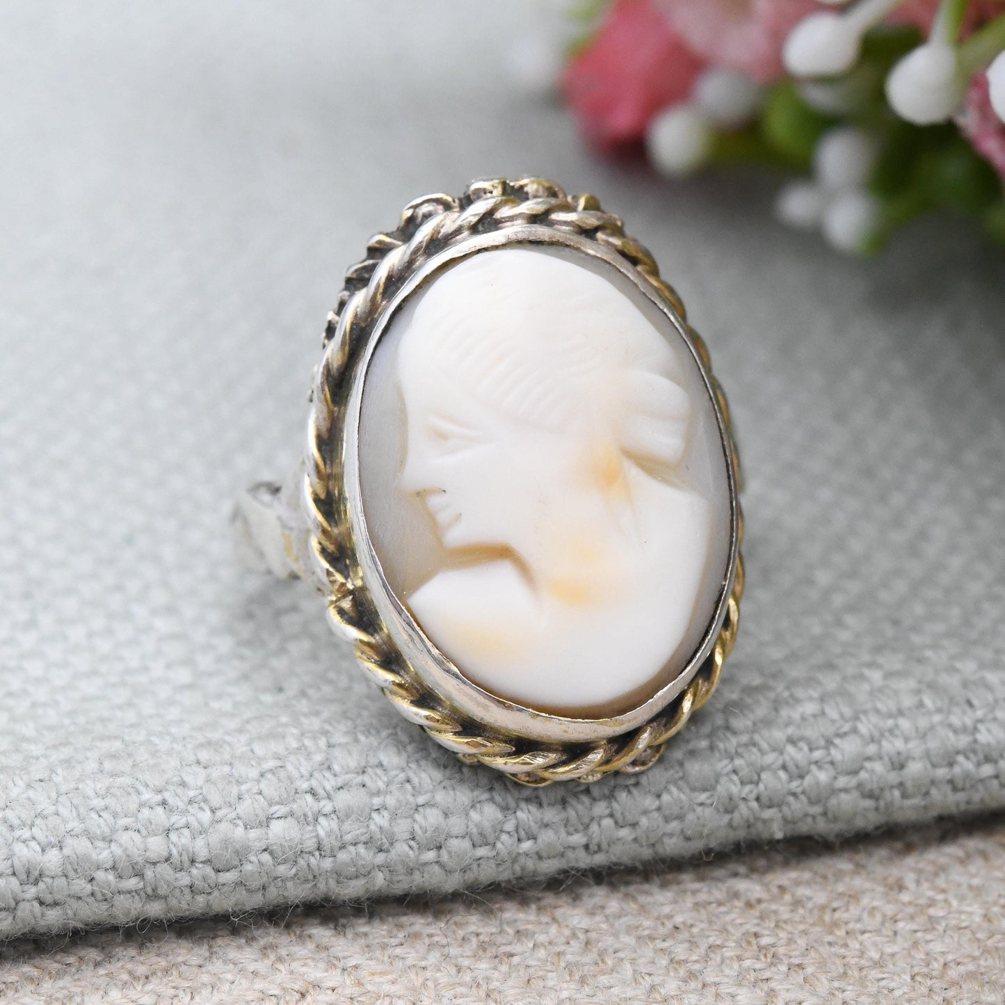 Vintage Sterling Silver Cameo Ring Gold Plated - Carved Shell Classical Woman's Face Ring | Large Statement | UK Size - P 1/2 | US Size - 8