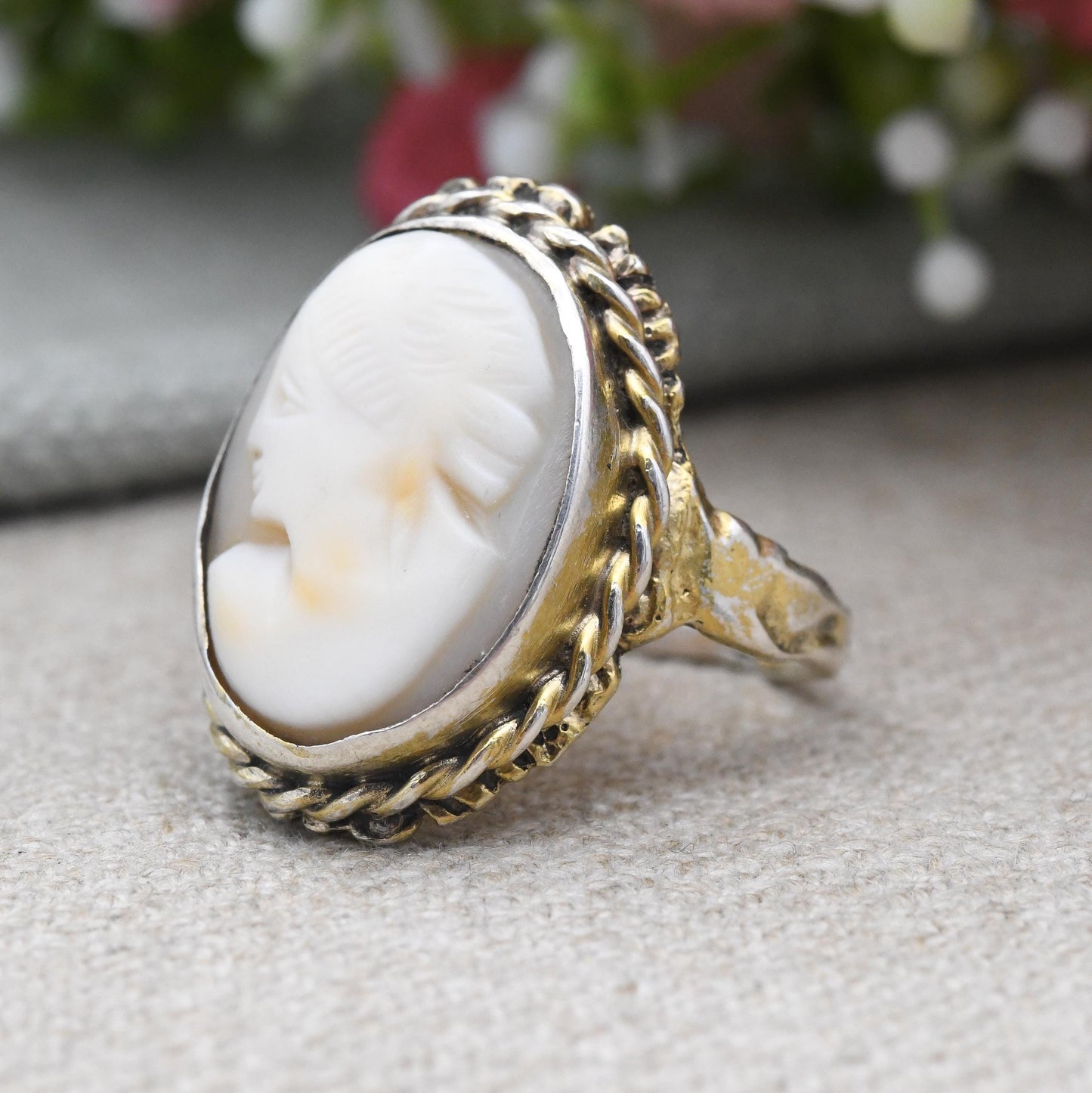 Vintage Sterling Silver Cameo Ring Gold Plated - Carved Shell Classical Woman's Face Ring | Large Statement | UK Size - P 1/2 | US Size - 8