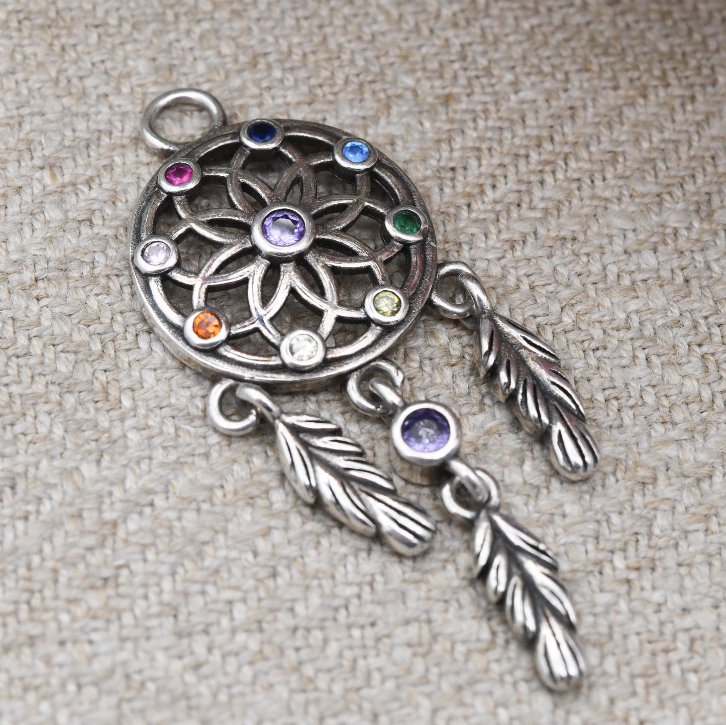 Sterling Silver Dream Catcher Pendant with Dangling Feather Drops - Colourful Gemstones Unusual Silver Jewellery | Pretty Gift for Daughter