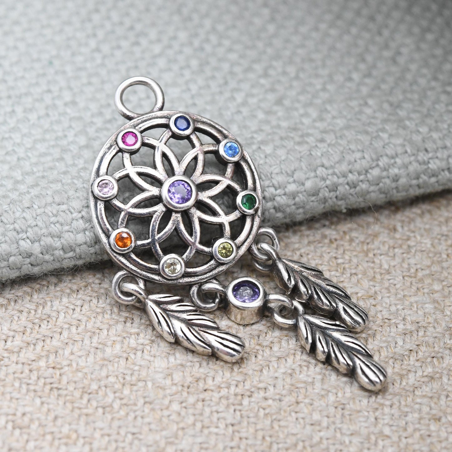 Sterling Silver Dream Catcher Pendant with Dangling Feather Drops - Colourful Gemstones Unusual Silver Jewellery | Pretty Gift for Daughter