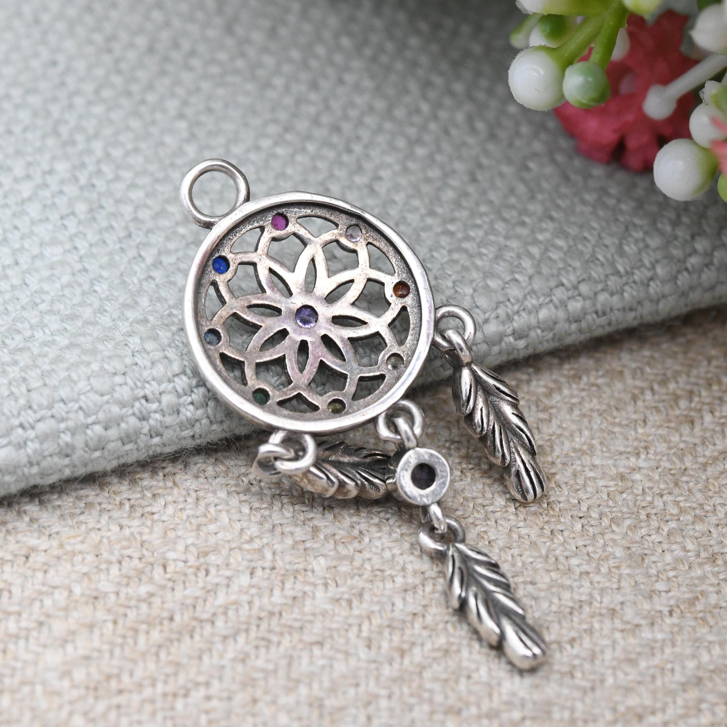 Sterling Silver Dream Catcher Pendant with Dangling Feather Drops - Colourful Gemstones Unusual Silver Jewellery | Pretty Gift for Daughter