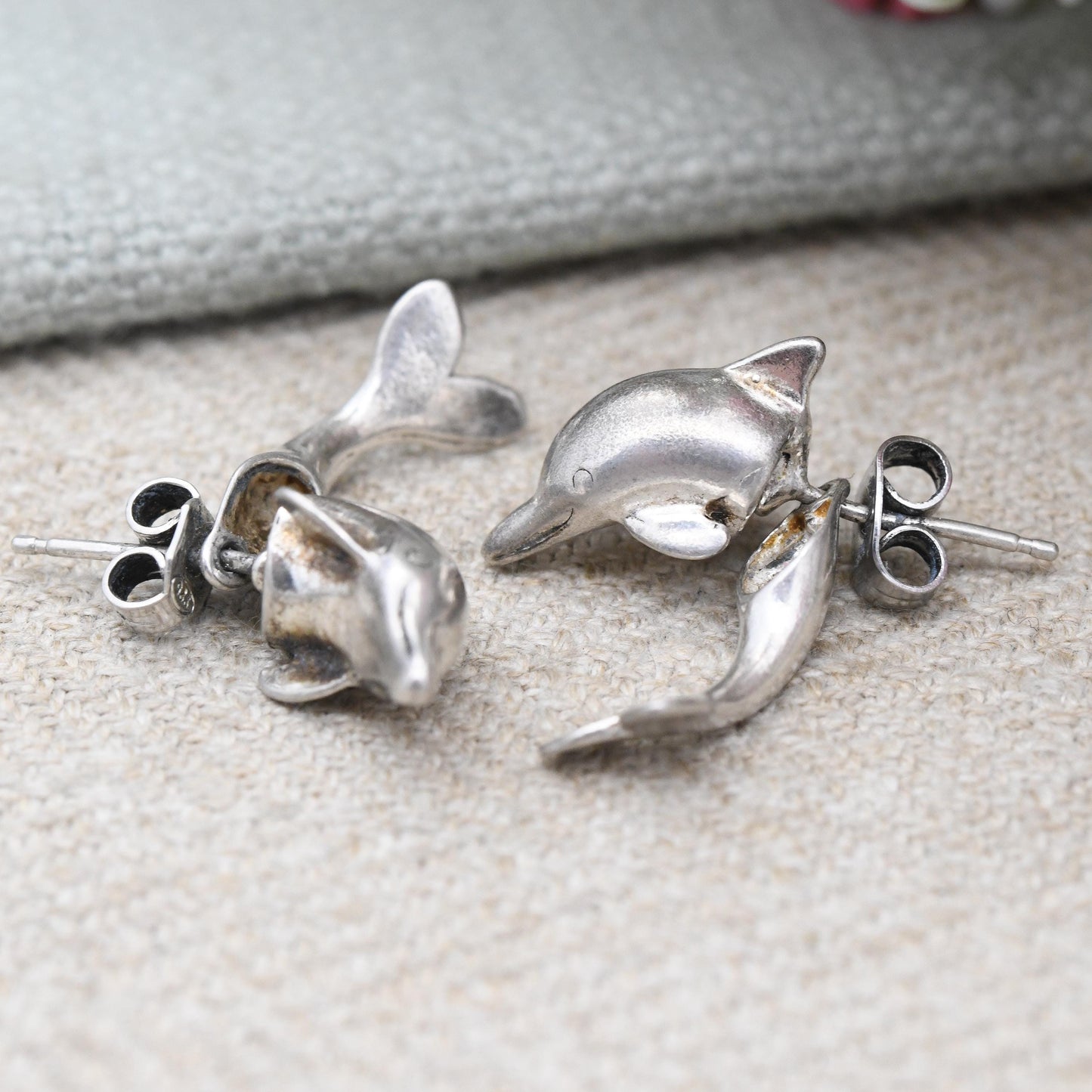 Vintage Sterling Silver Dolphin Earrings with Leaping Dolphin Jacket Design - Chunky Statement Animal Theme Jewellery Dangle Stud Earrings