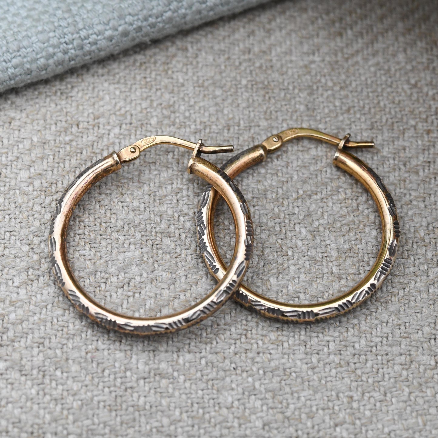 Vintage Gold Plated Sterling Silver Hoop Earrings Textured Hoops - Large Circle Hoops with Hand Engraved Design | Pretty Everyday Jewellery