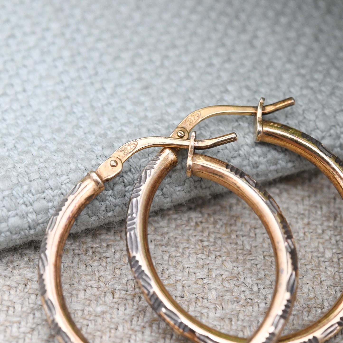 Vintage Gold Plated Sterling Silver Hoop Earrings Textured Hoops - Large Circle Hoops with Hand Engraved Design | Pretty Everyday Jewellery